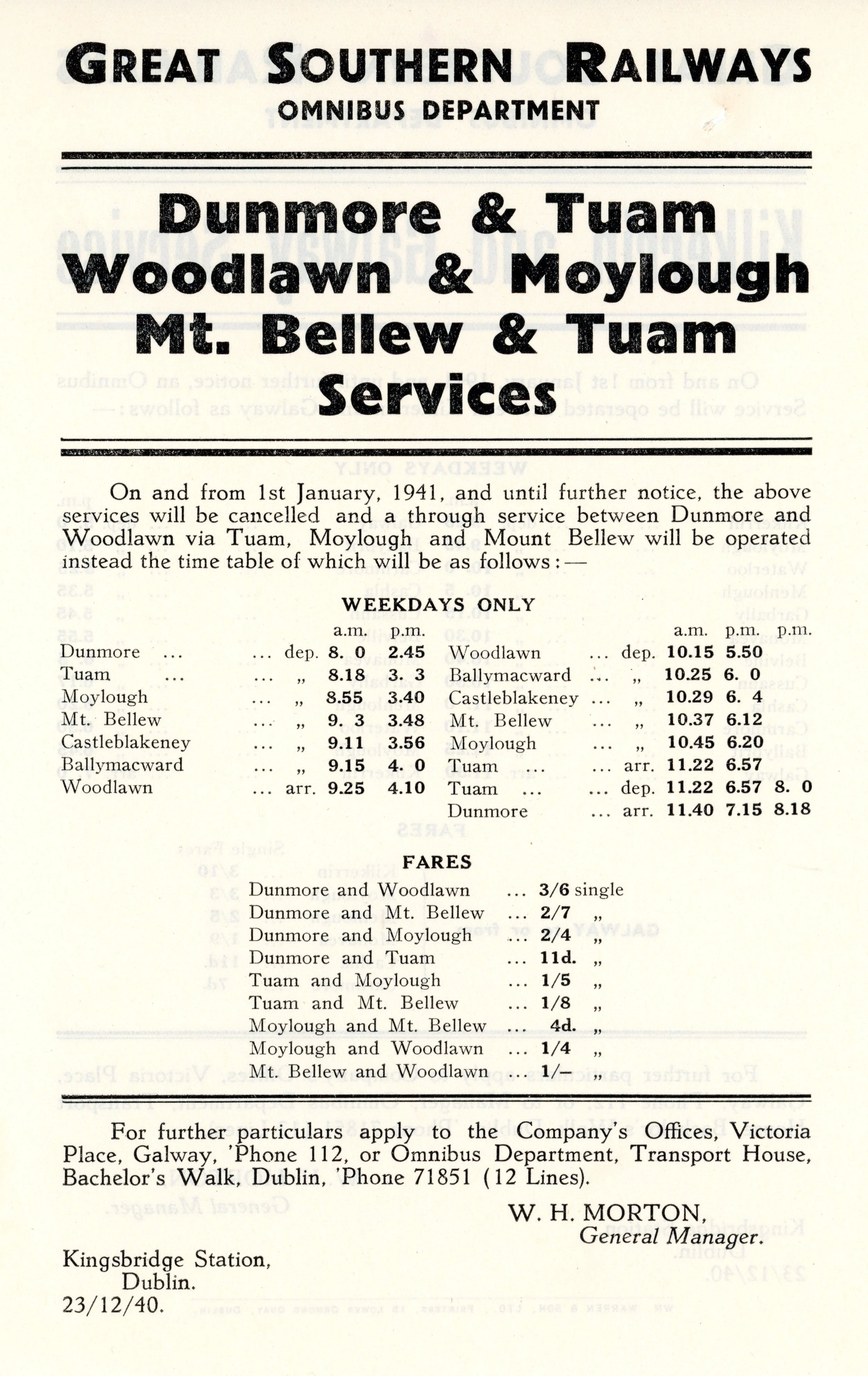 GSR BUS SERVICES DUNMORE/TUAM 1940. A4 MOUNTED PRINT