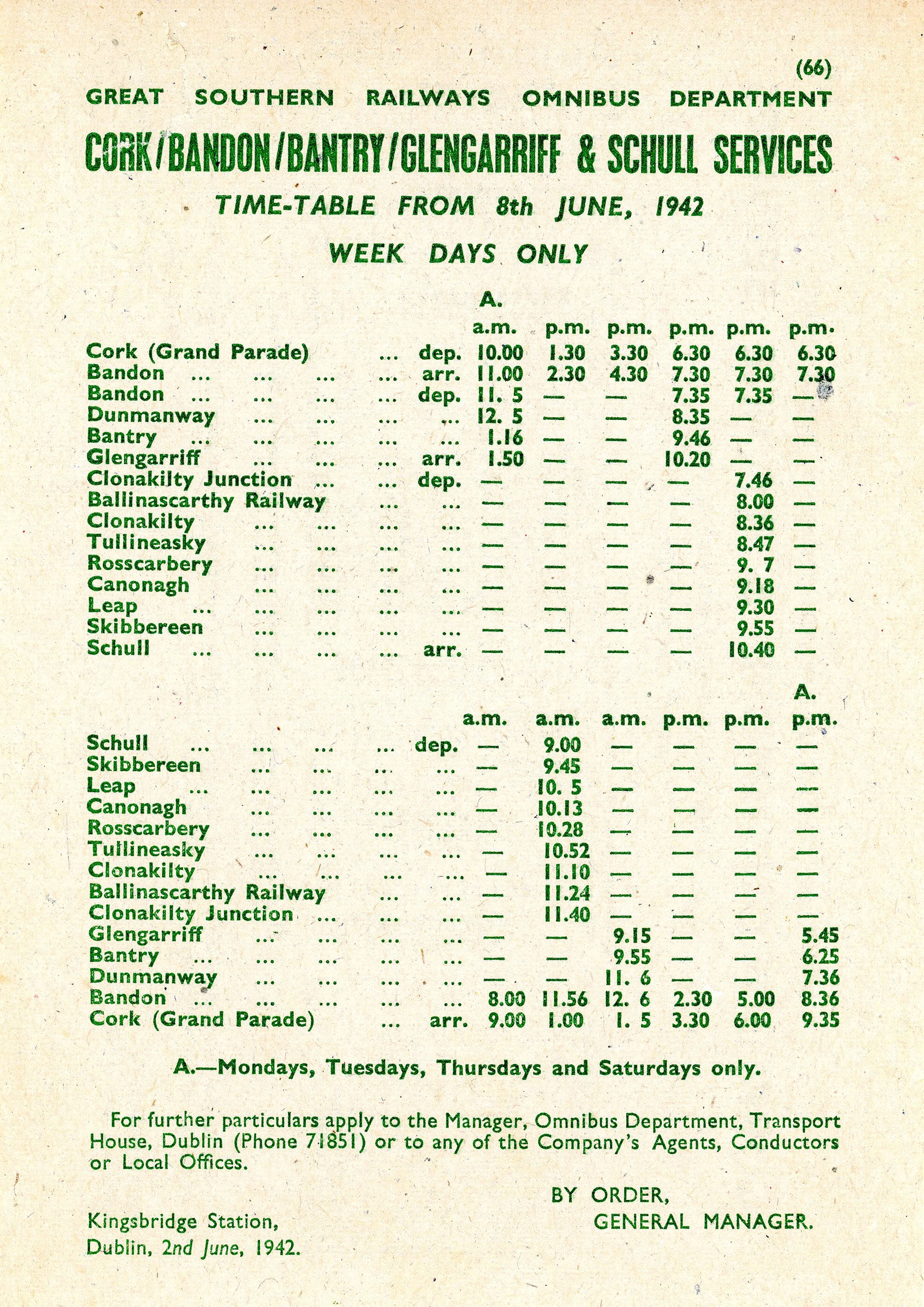 GSR BUS  SERVICES TO SCHULL 1942. A4 MOUNTED PRINT