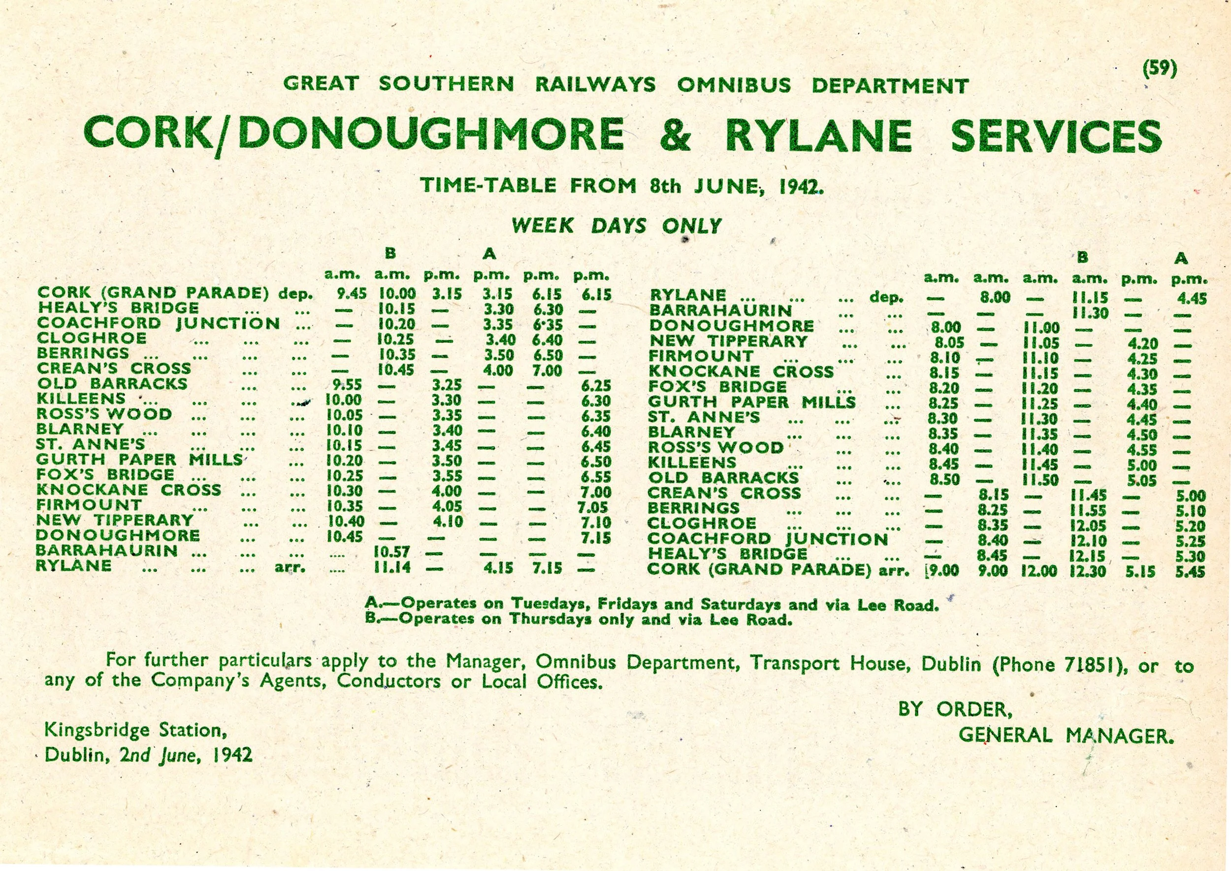 GSR BUS SERVICE CORK-RYLANE 1942. A4 MOUNTED PRINT