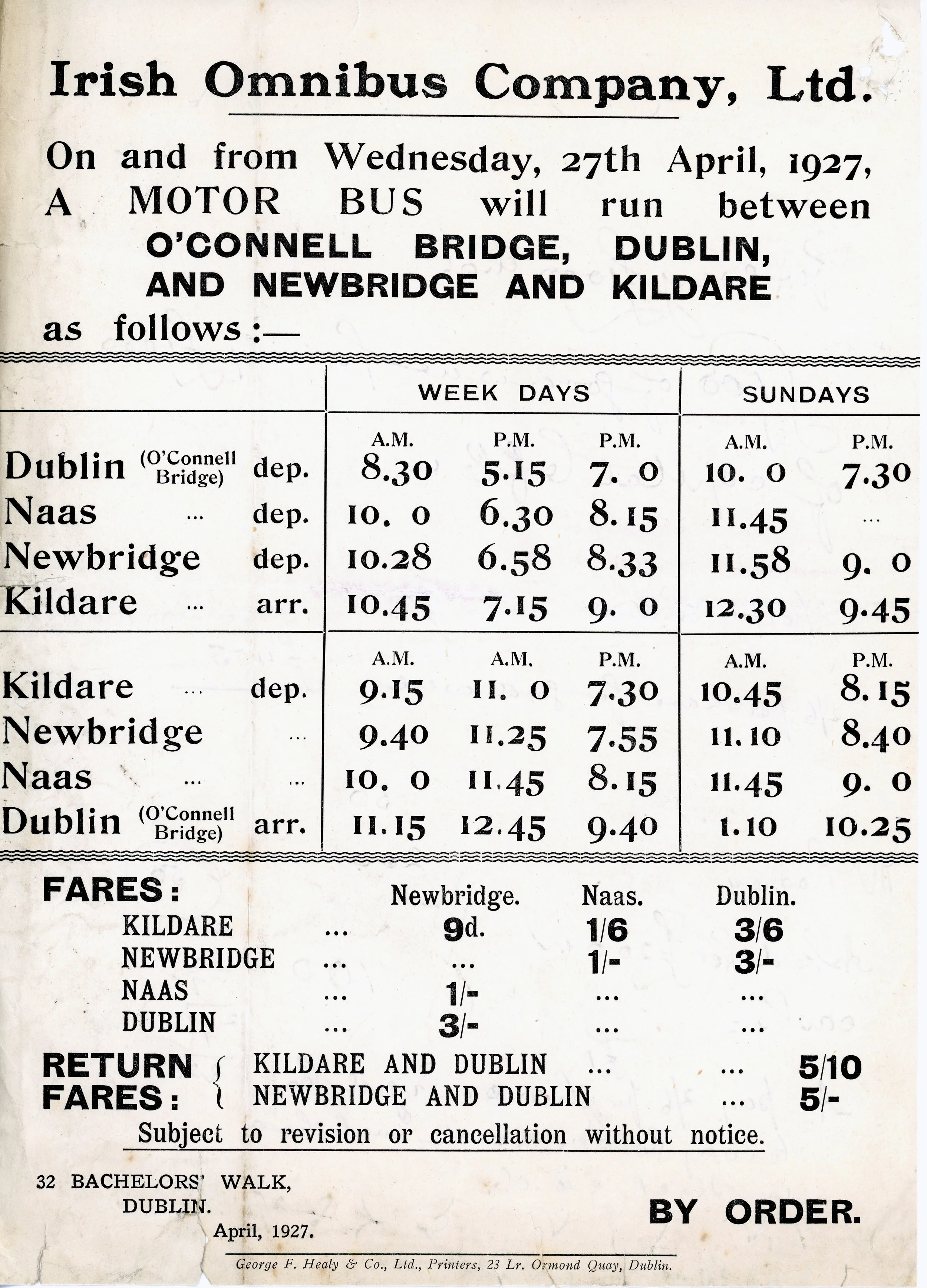 IOC BUS SERVICE DUBLIN - KILDARE 1927. A4 MOUNTED PRINT