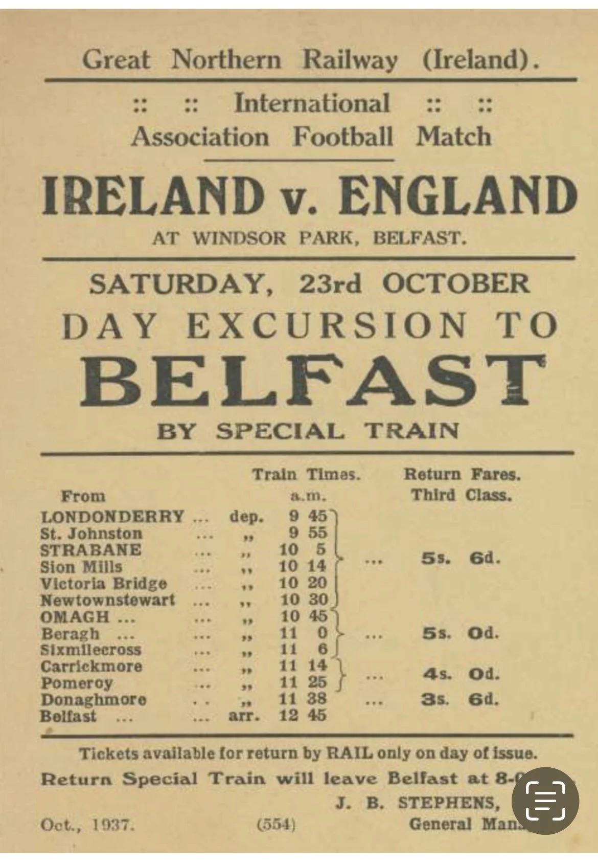 GNR - 1954  IRELAND V ENGLAND AT WINDSOR PARK A2 POSTER