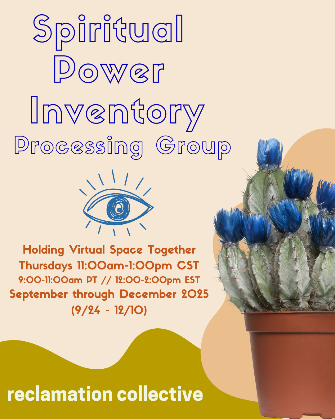 tan background with image of potted cactus with blue blossoms with details about support group