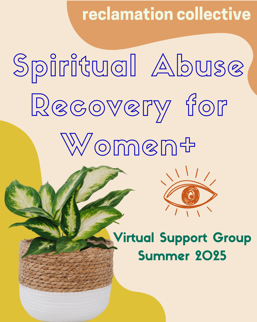 Image of potted plant with orange and yellow color waves with details of support group