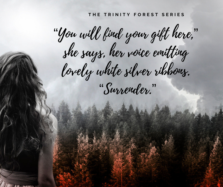 A black and white photo of a woman with curly hair looking towards a forest and mountains with a quote overlay about surrender and giving a gift, part of The Trinity Forest Series.