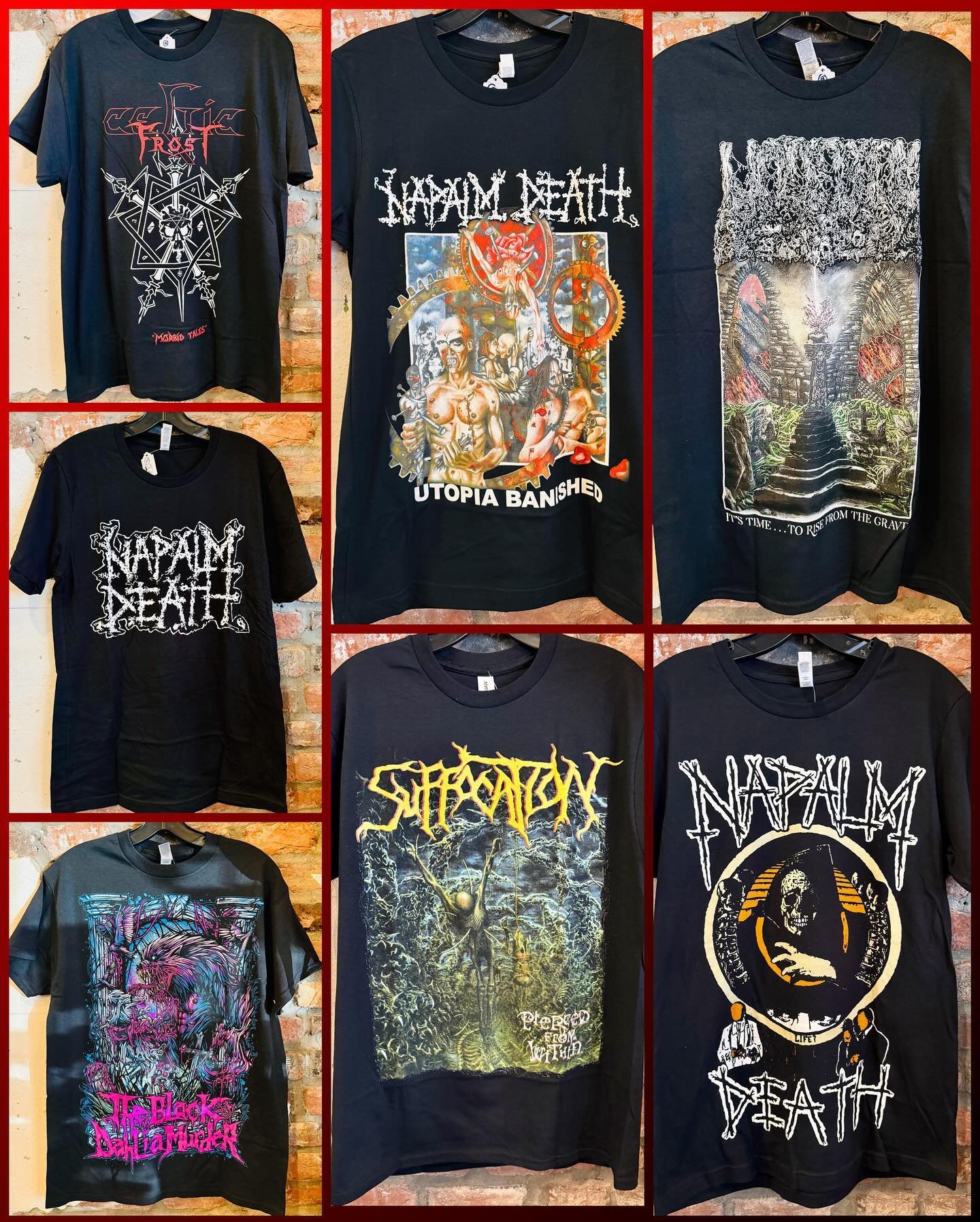 Handful of new metal (NOT N&Uuml; METAL) tees out today! Multiple sizes in most. $25 each (tax included). 
#napalmdeath #suffocation #undeath #blackdahliamurder #celticfrost