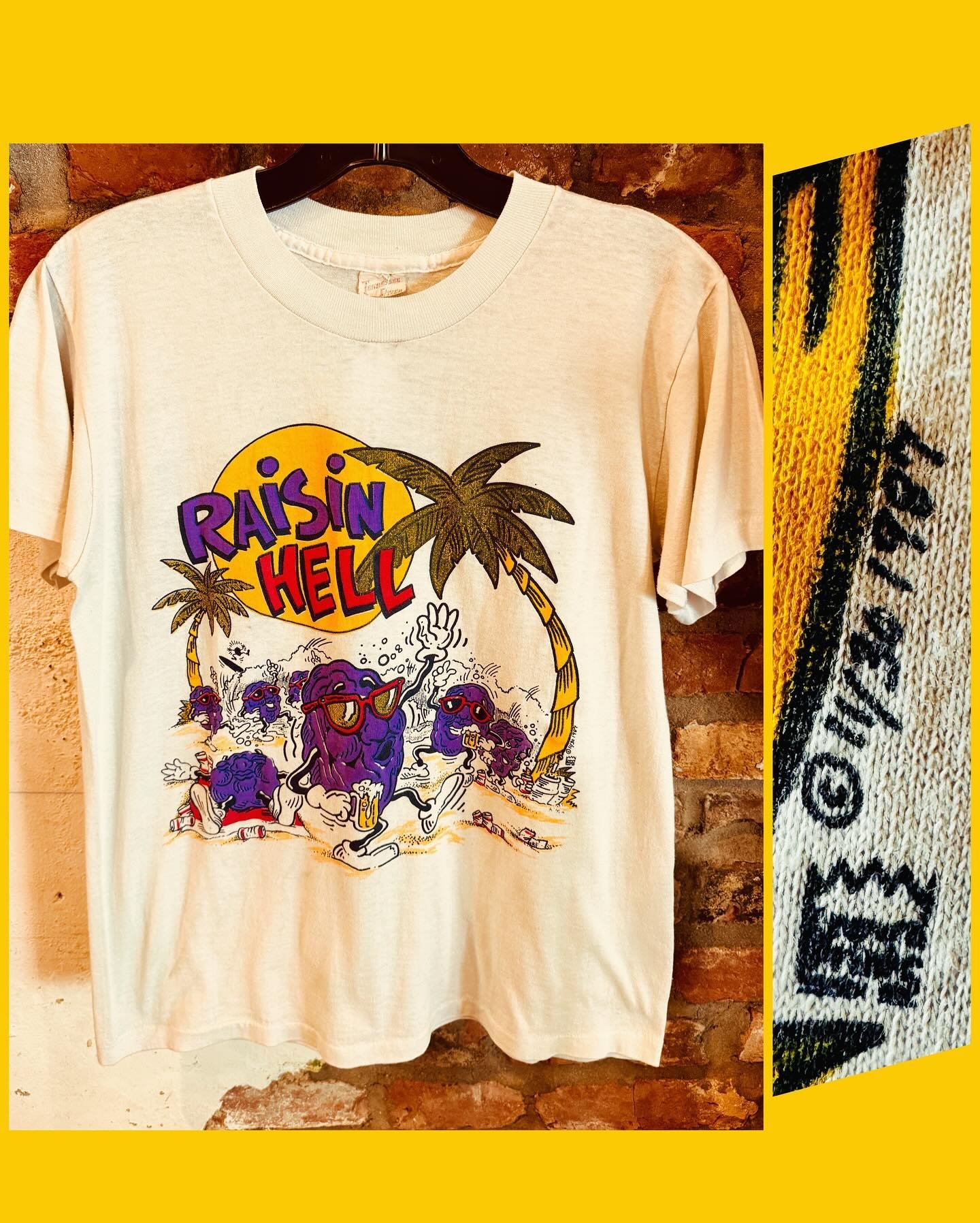 Excellent 1987 &ldquo;Raisin&rsquo; Hell&rdquo; tee.  So, when the raisin drinks a beer, does it become a grape again? 🧐 $16 Tag says medium but it&rsquo;s definitely a small now.
#californiaraisins #1987 #vintagetshirt #fatrabbitky