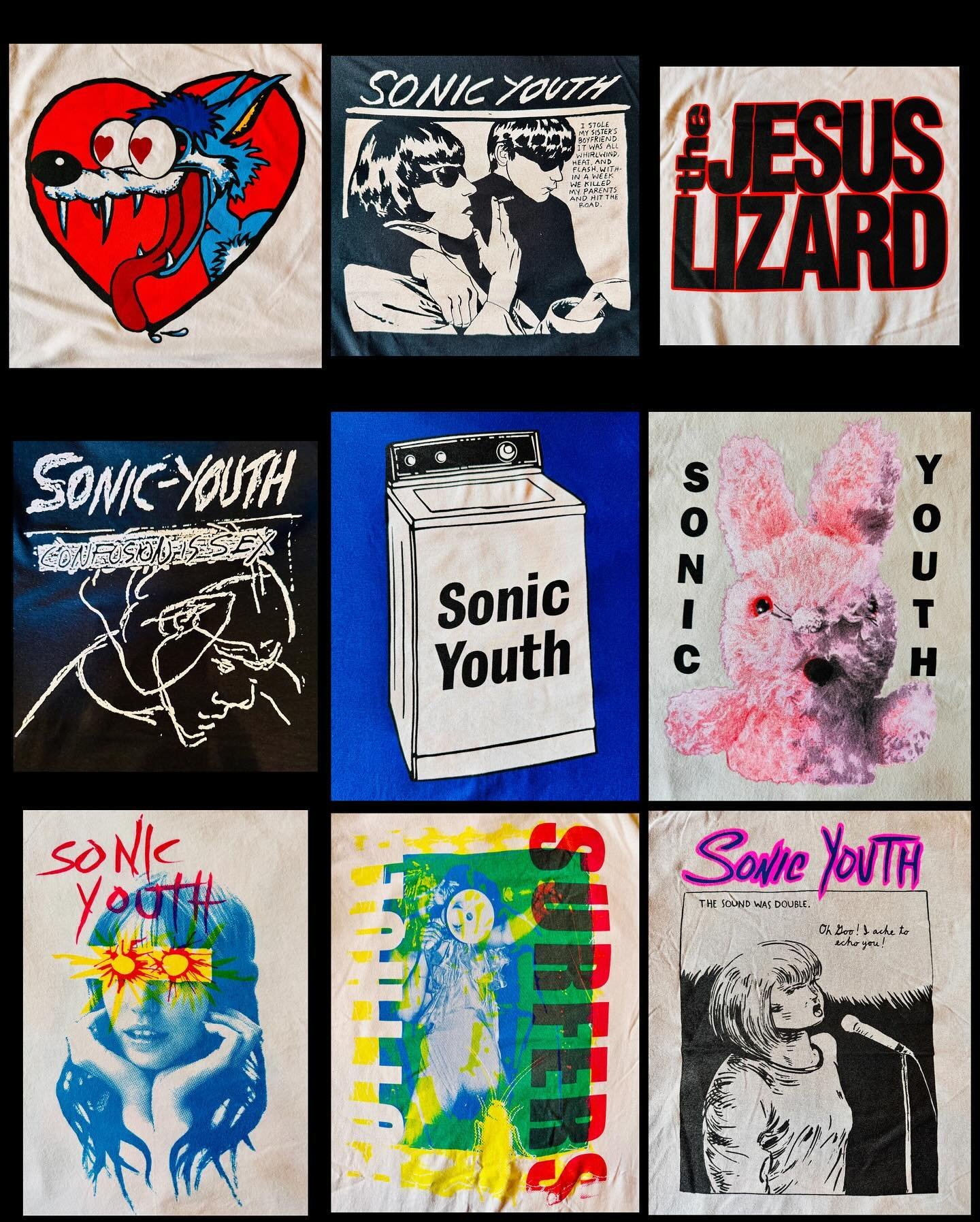 Lots of great new music tees out now! S-XL in most. A few 2Xs. $23 or $25 each (includes tax). 
#sonicyouth #buttholesurfers #dinosaurjr #pavement #bikinikill #yolatengo #thejesuslizard #tenaciousd