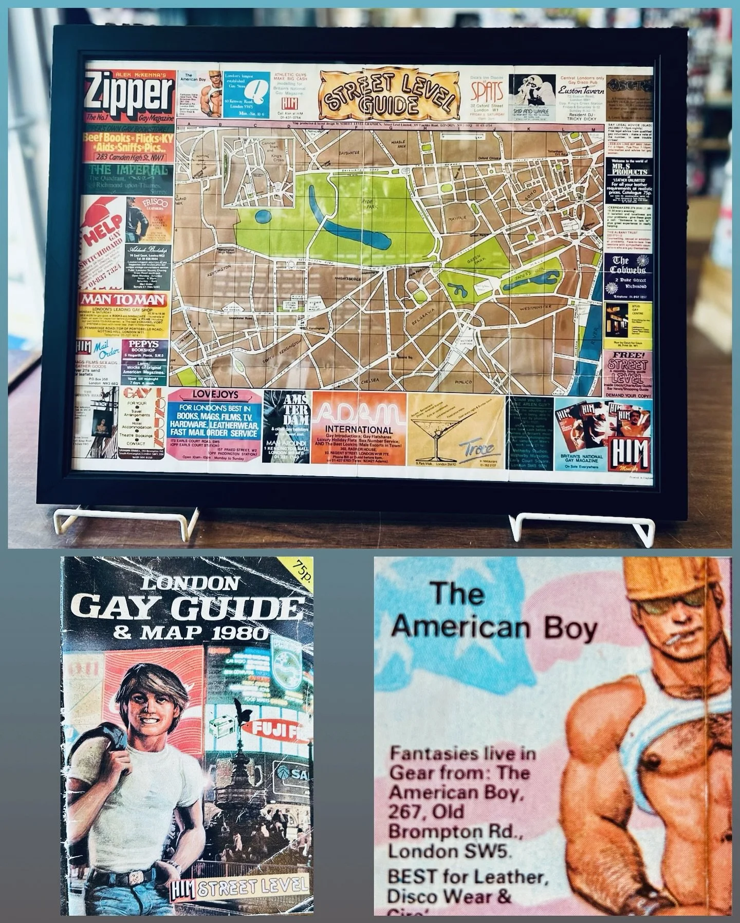 Excellent framed 1980 London Gay Guide and map. About 19&rdquo; x 25&rdquo; $35!
#fatrabbitky #gaylondon #art