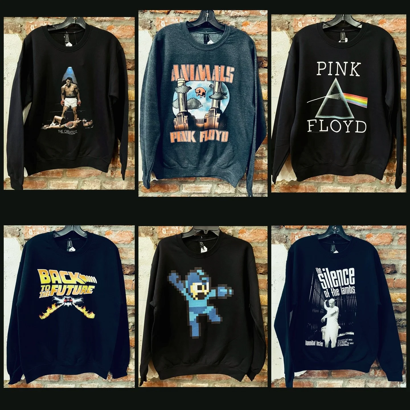 More new sweatshirts have arrived! S-2X available in most. 
#fatrabbitky #crewneck #megaman #silenceofthelambs #machoman