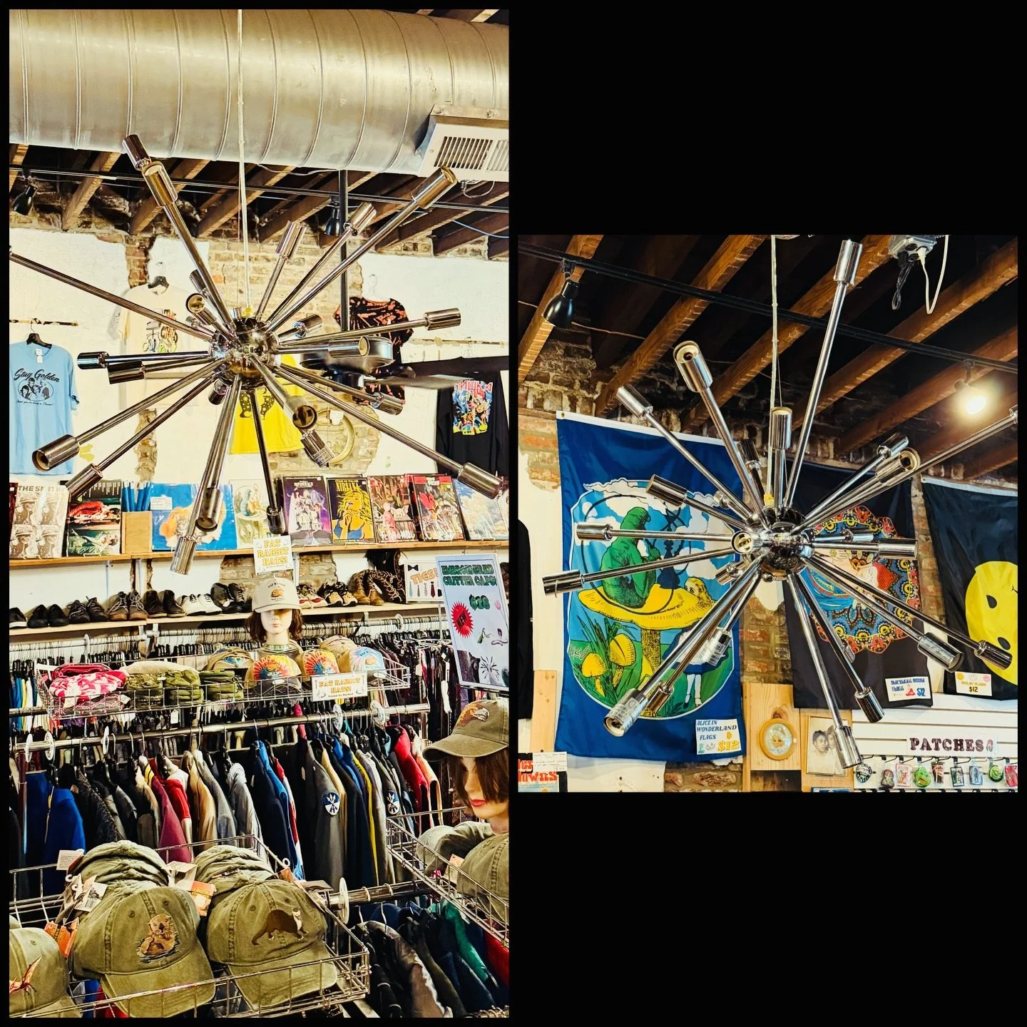 Cool modern Sputnik chandelier that is impossible to get a good photo of. $40. Needs hard-wired. 
#fatrabbitky #sputnik #chanderlier