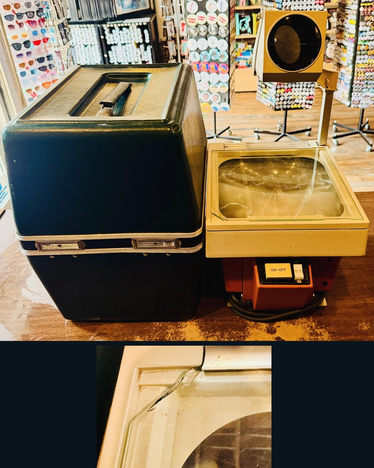 Vintage 3M Overhead projector with travel case!  Works great. Has a cracked corner in the top glass (see photo) but does not affect functionality. $35!
#fatrabbitky #overheadprojector #3M