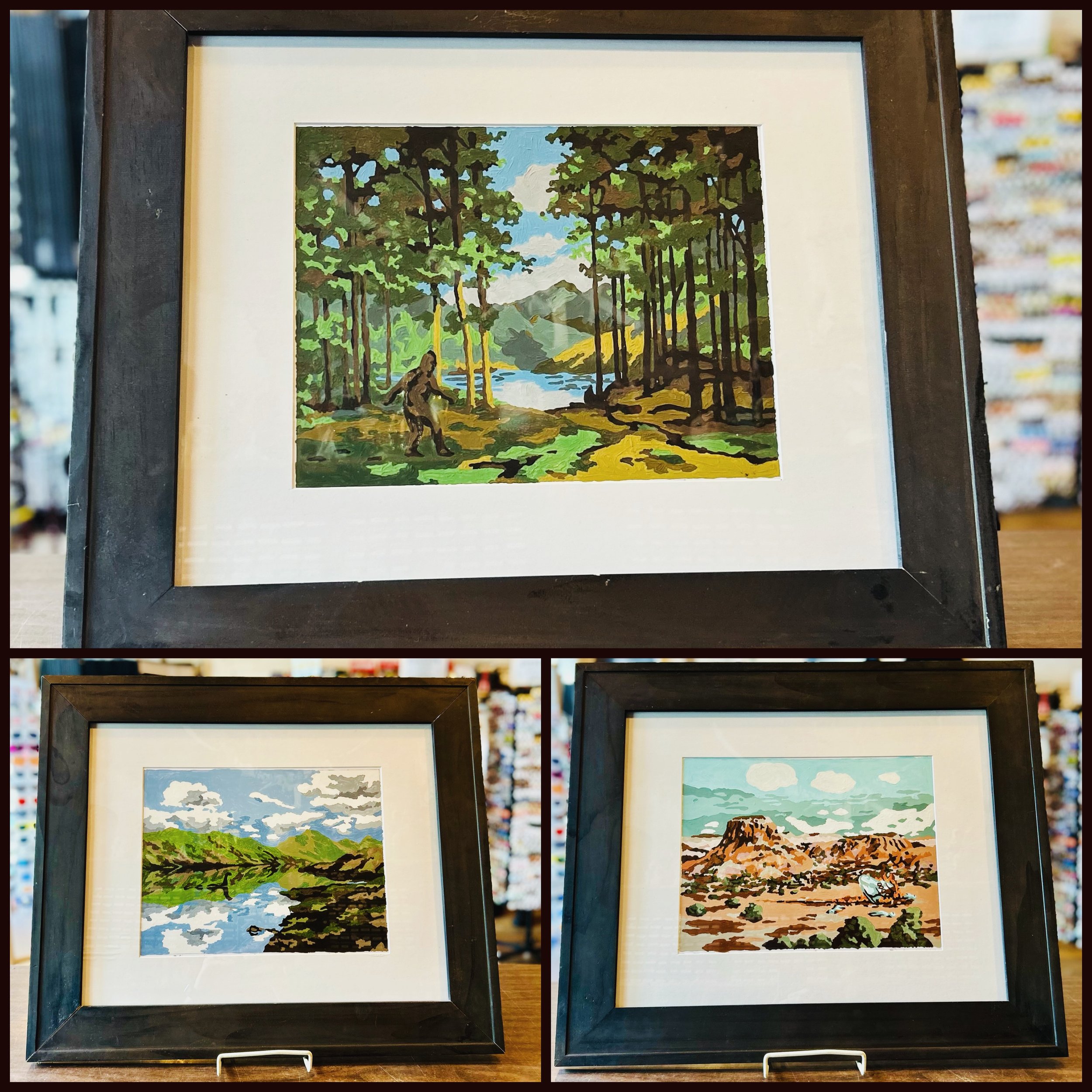 Awesome 21 x 25 hand-painted cryptid art! $25 each. 
#cryptid #fatrabbitky #bigfoot #ufo #lochnessmonster