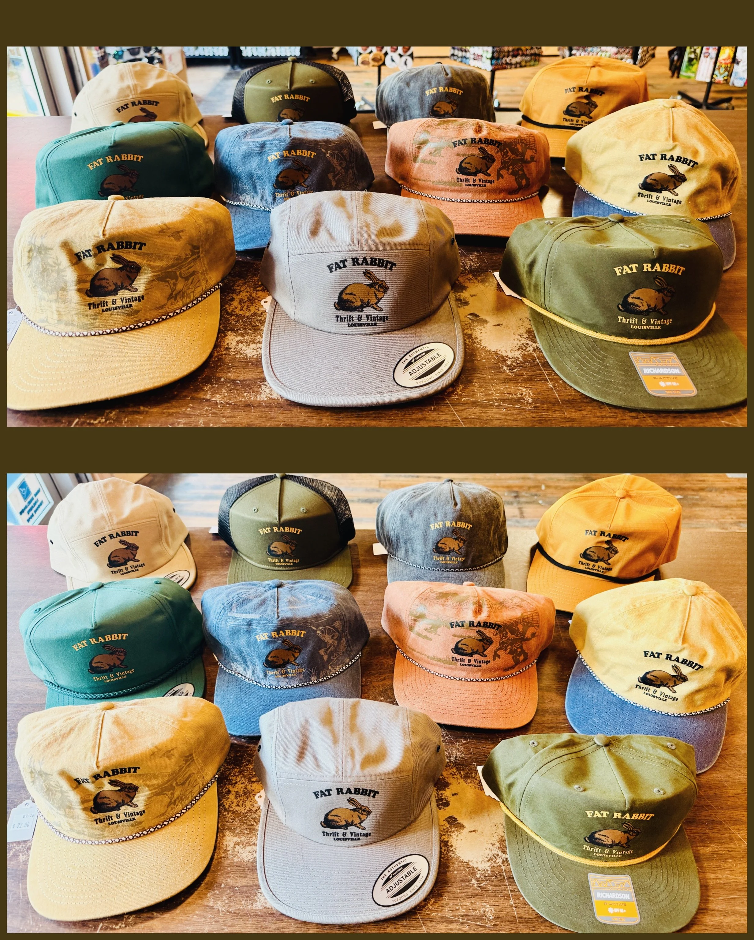 New Logo hats now in store! Lots of different varieties. Blessed be to @heritageprintshop 
#fatrabbitky #corporateswag