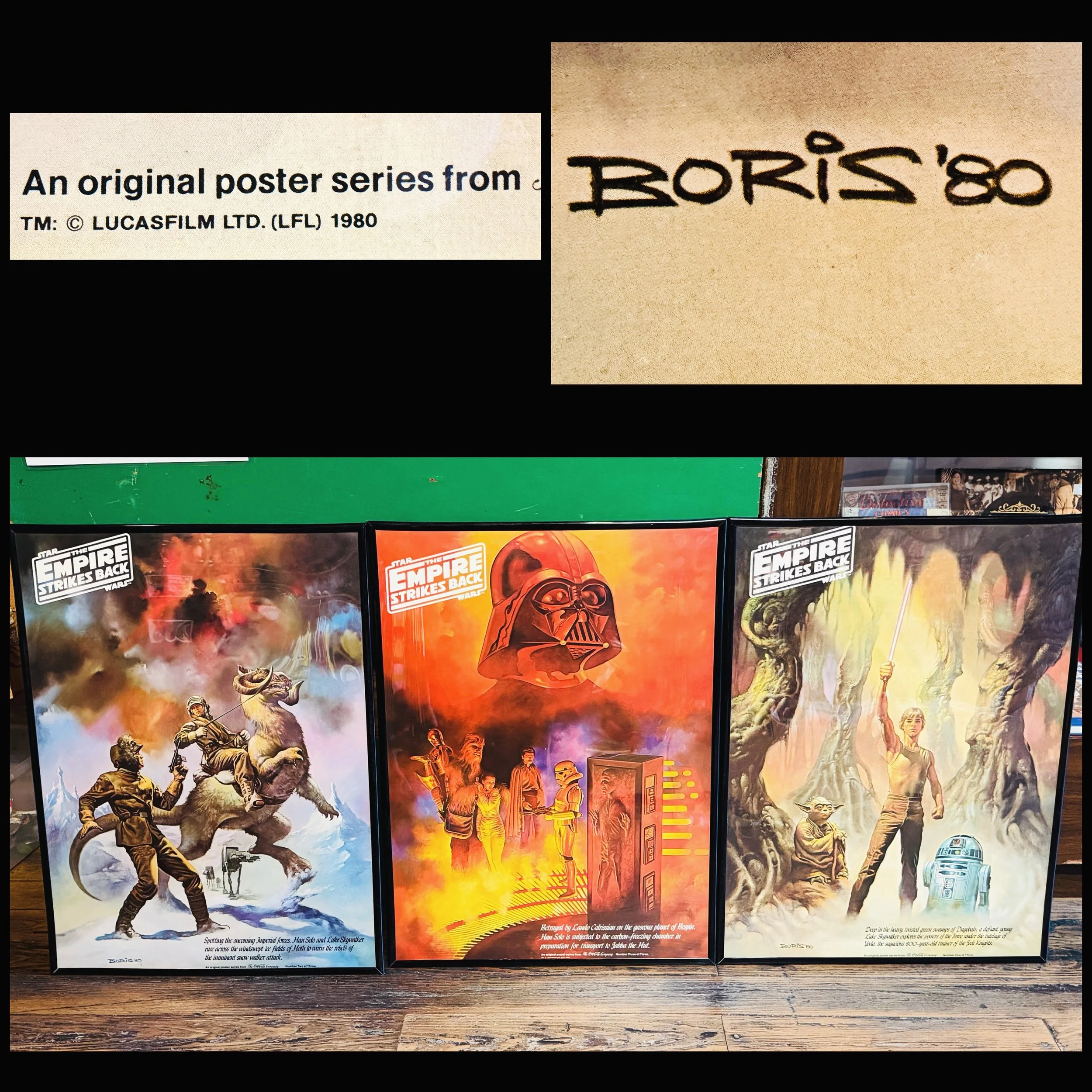 Three excellent framed 1980 Empire Strikes Back posters! By Boris Vallejo and released by Coca Cola. All in great shape! 18 x 24 $30 each. 
#starwars #borisvallejo #cocacola #1980 #fatrabbitky