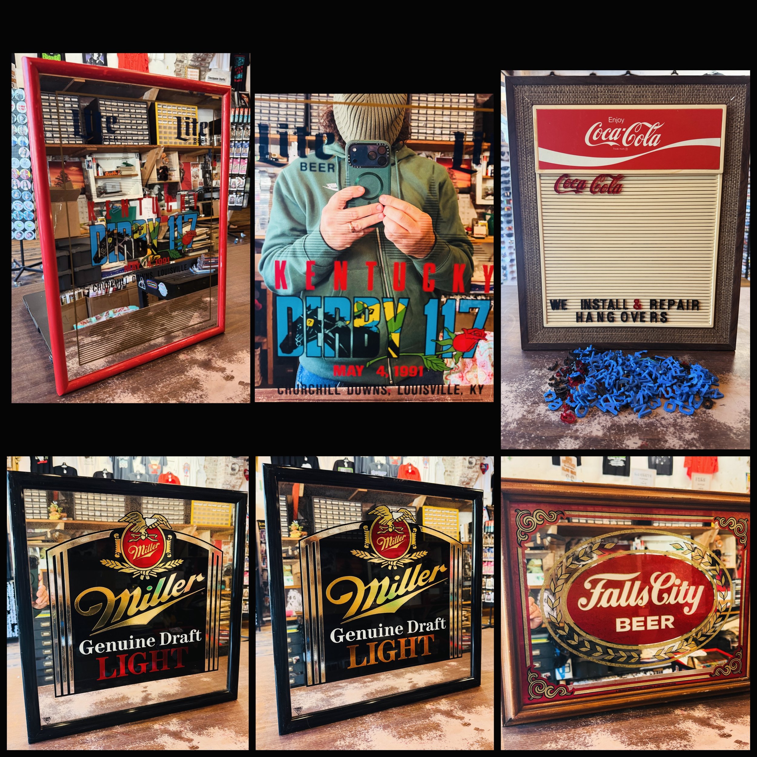 Vintage (90&rsquo;s) bar stuff! Mirrors are $25 each and Coca Cola board sign (with lots of letters!) is $40. 
 #cocacola #fatrabbitky #fallscitybeer #millerlite #beer