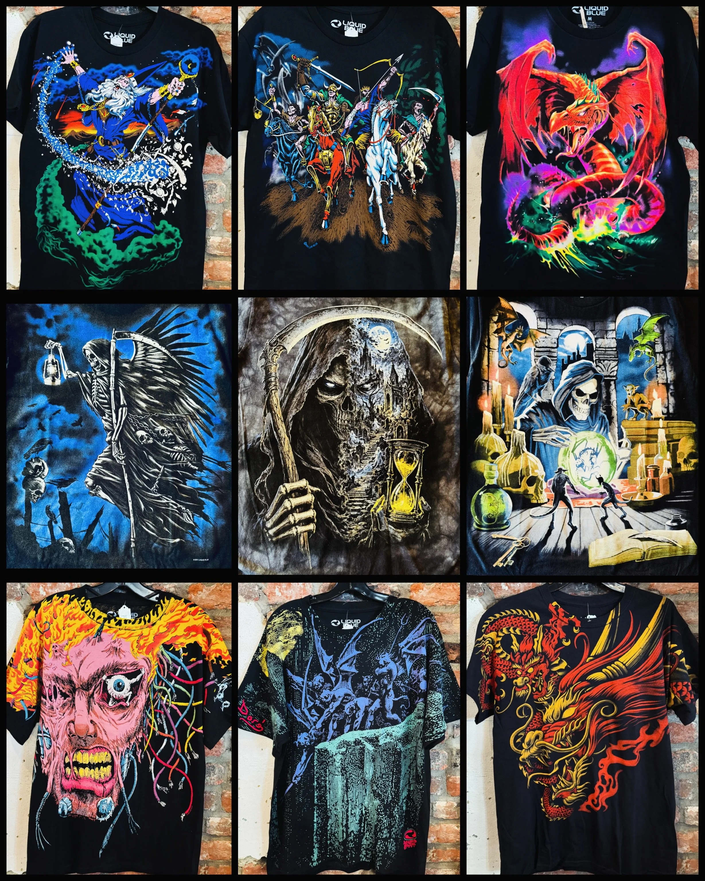 New Liquid Blue shirt order out now! All your favorite skulls and dragons and reapers and hippies and bears and tigers and demons and bulldogs and aliens and red pandas and jesus. 
#liquidblue #fatrabbitky #newtees #gratefuldead #cheechandchong