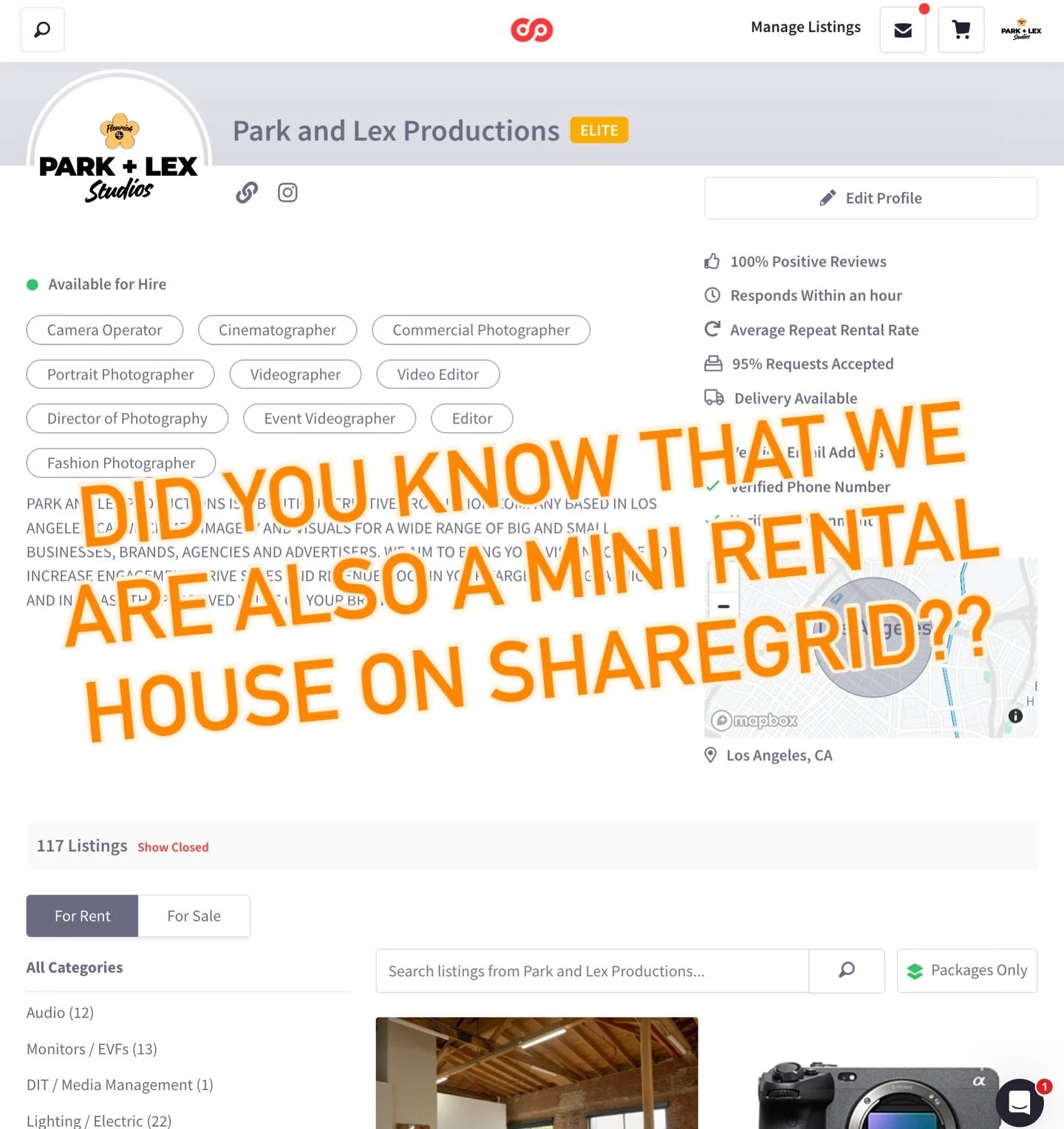 Did you know our creative studio offers equipment rentals via @sharegrid with a 100% positive review from 115+ renters?

Whether you're missing a crucial item or just feeling creative, our inventory of cameras, grip, projectors, tables, chairs, strea