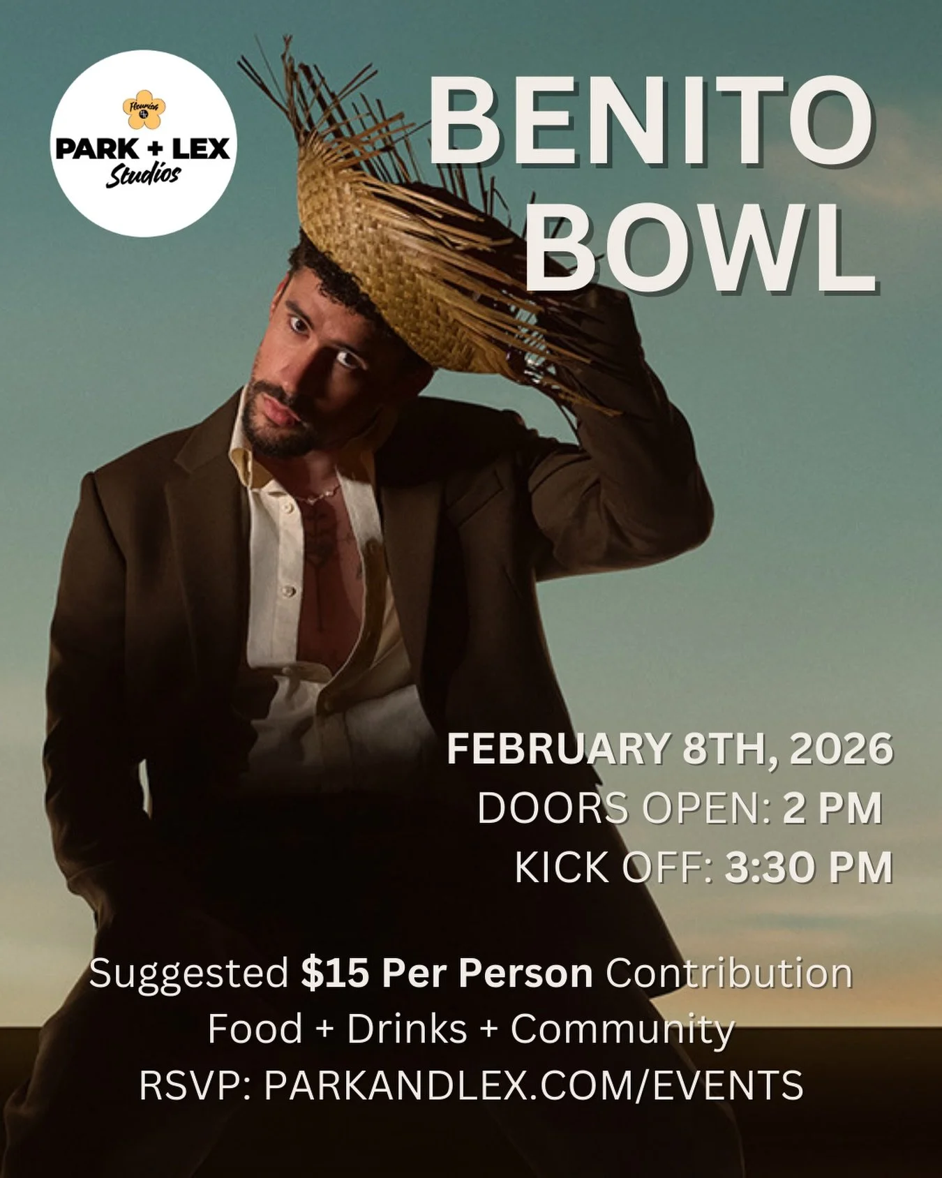 Join us at Park and Lex Studios as we host our Football Watch Party featuring Bad Bunny. 🏈🐰 We will be coming together to chill, eat, drink, and watch the game and half-time performance. The Studio will be open at 2 PM and Kick-Off will be at 3:30 