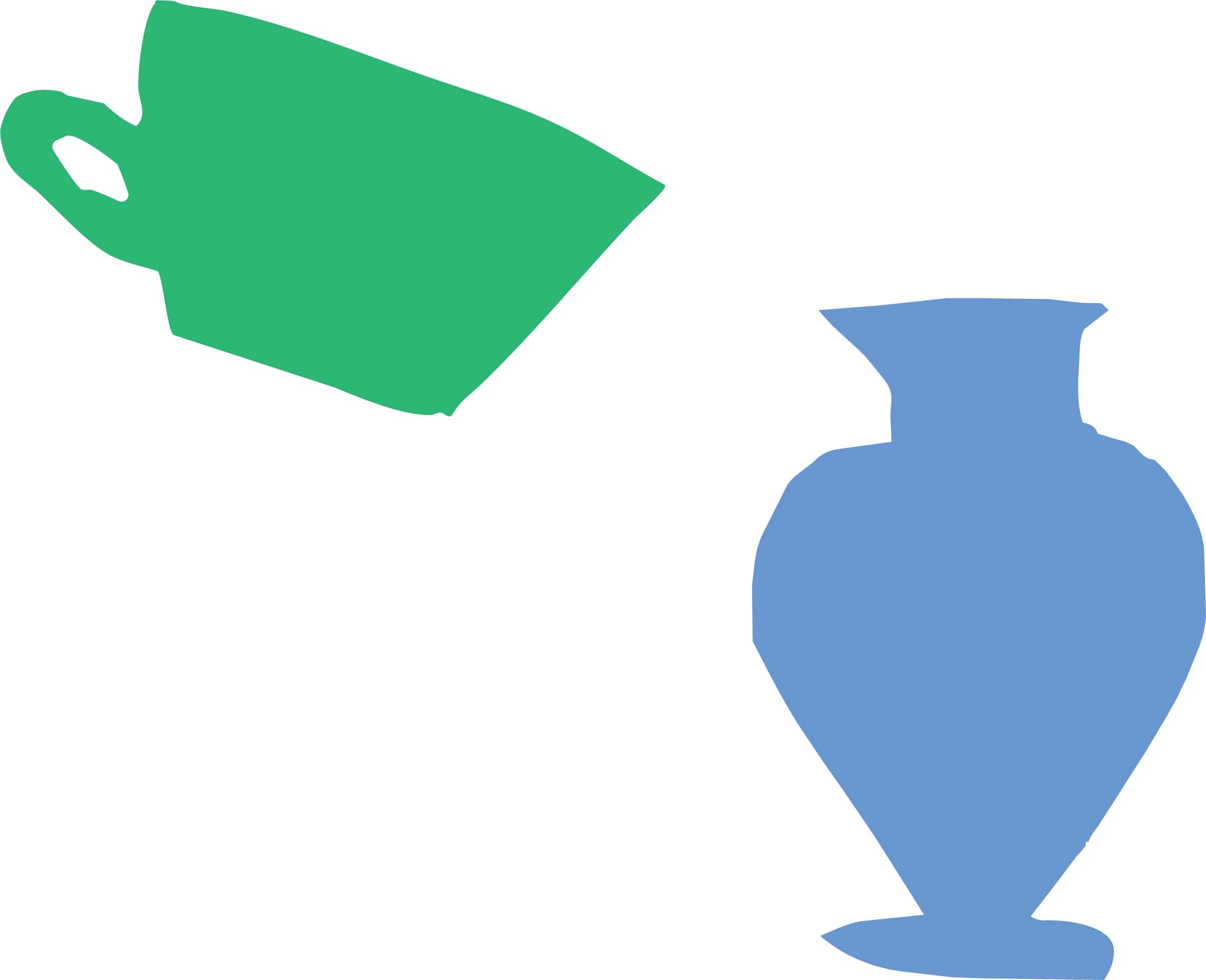 A green watering can pouring water into a blue watering can