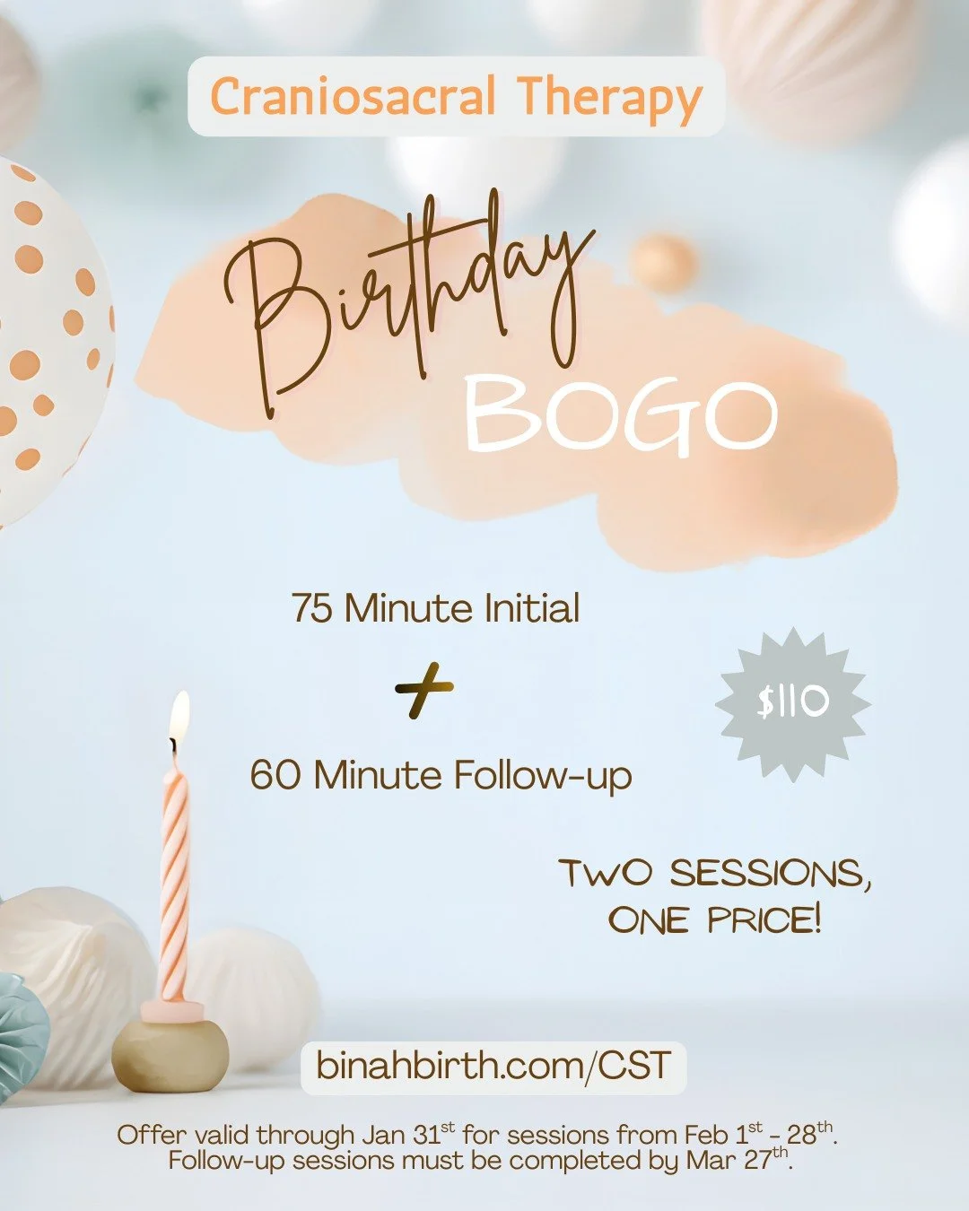 Binah Birth is excited to begin offering CST beginning Feb 1st! Sessions are provided by our very own Shoshanah and are offered in our Tucker office. 

In honor of her recent birthday, Shoshanah is offering a BOGO special - two sessions for just $110