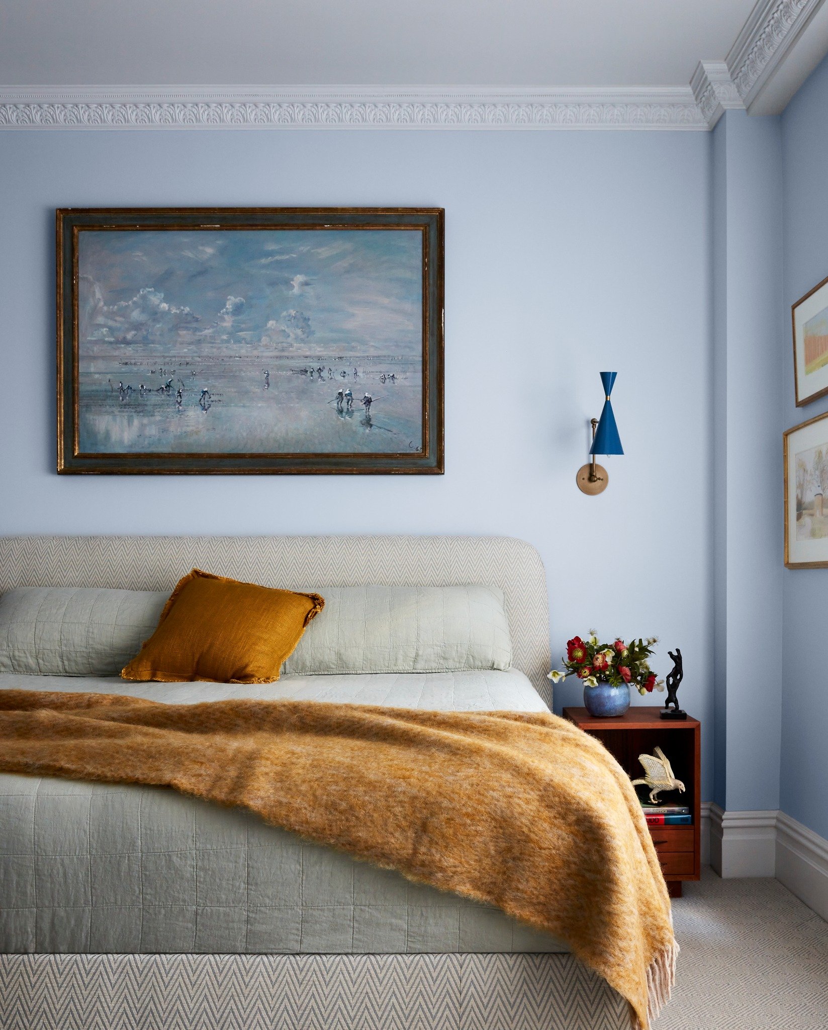 Now this is a bedroom I would enjoy coming home to and waking up in! The goal for the primary bedroom at our #UES prewar project was to provide a calm respite in a busy city. Inspired by the Leonid Berman hanging over the bed, we incorporated cool sh