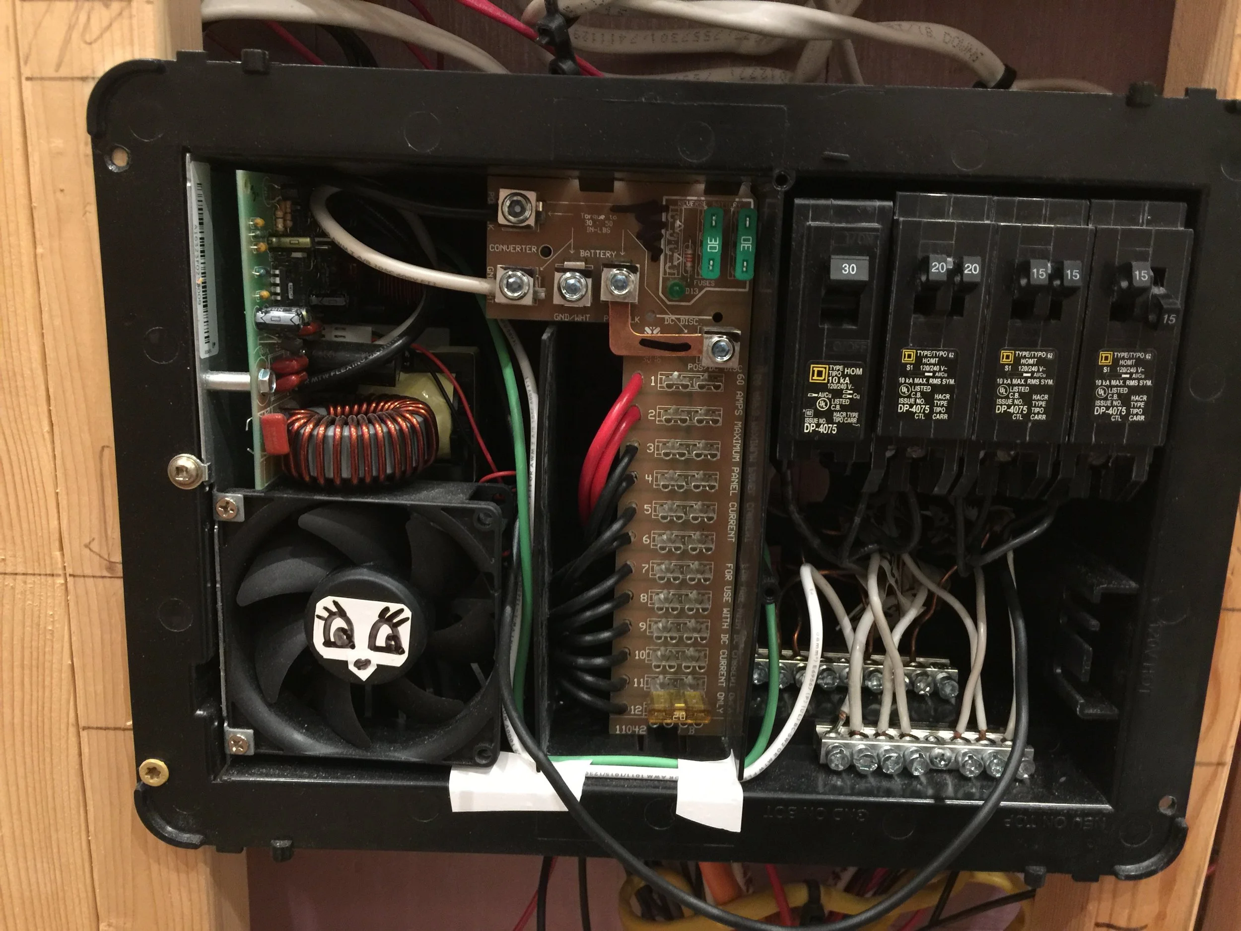 Electrical panel is made for RVs and distributes AC but can also take DC for solar power and battery hookups. 