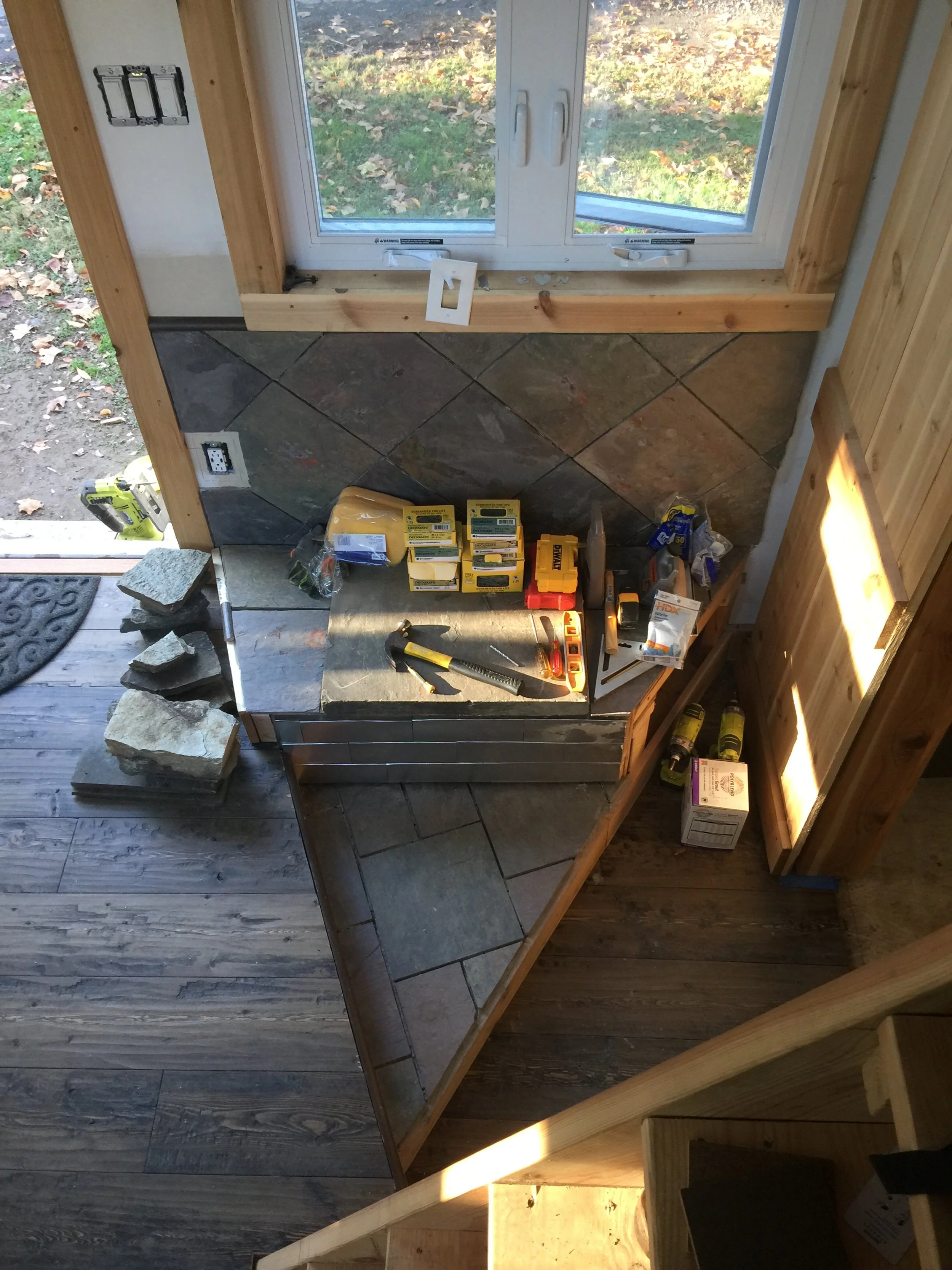 Hearth made with a giant slab of blue stone from an old Philadelphia home in Rittenhouse. 