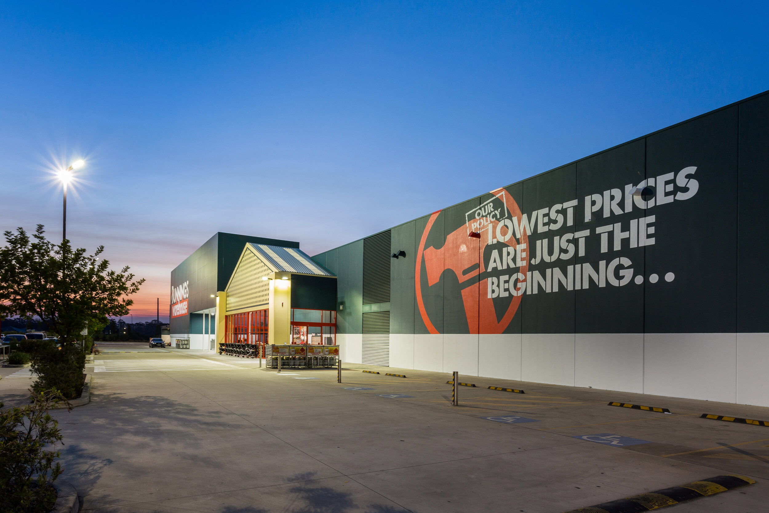 Refurbished Bunnings store, architectural photography at dusk 