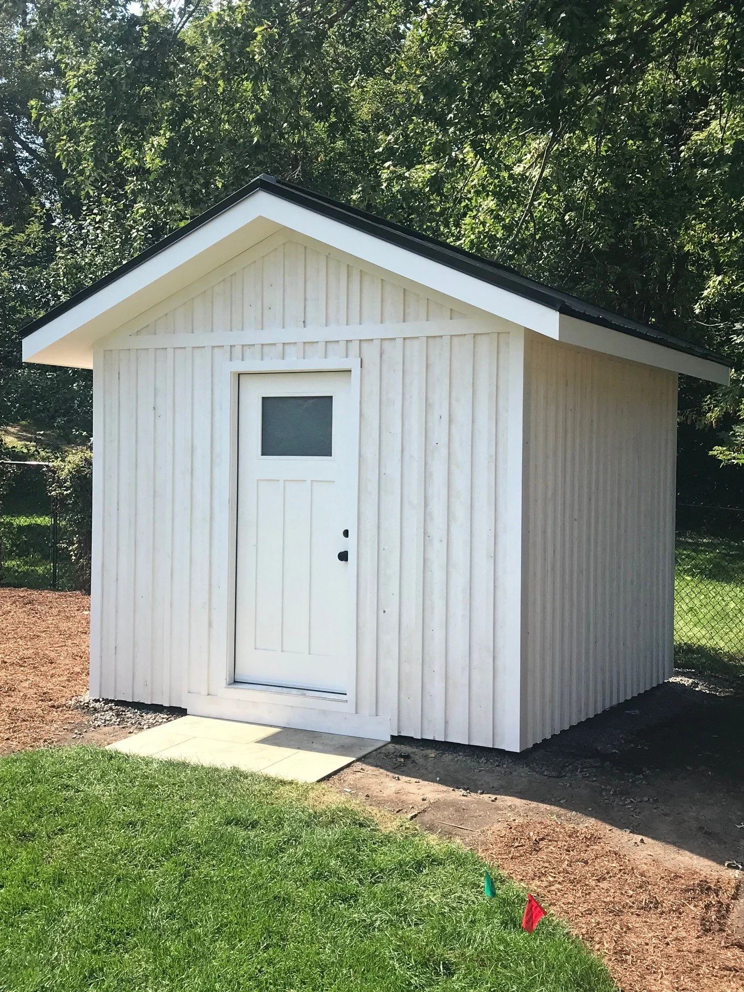 Lanark Cedar Board & Batten Shed Prestained White