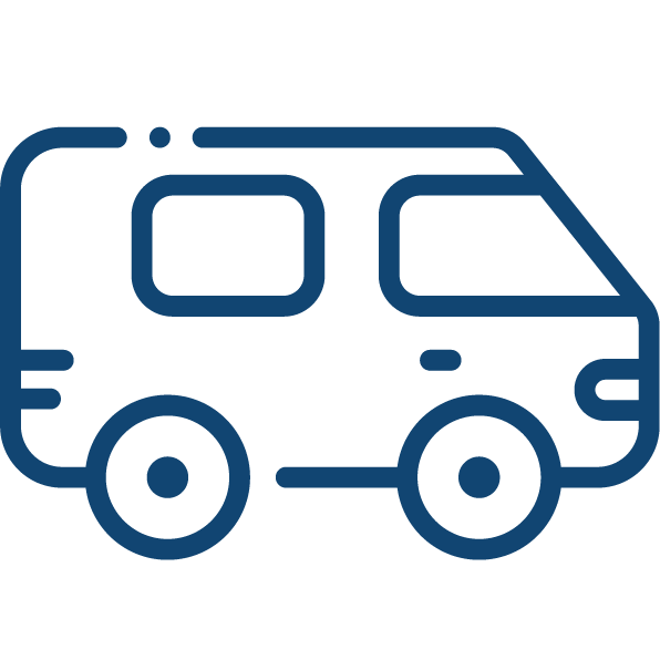 Outline of a camper van or RV in dark blue