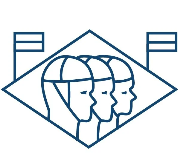 Line drawing of three female profiles with long hair, facing right, inside a fenced athletic field or court, with two flag banners on tall poles.