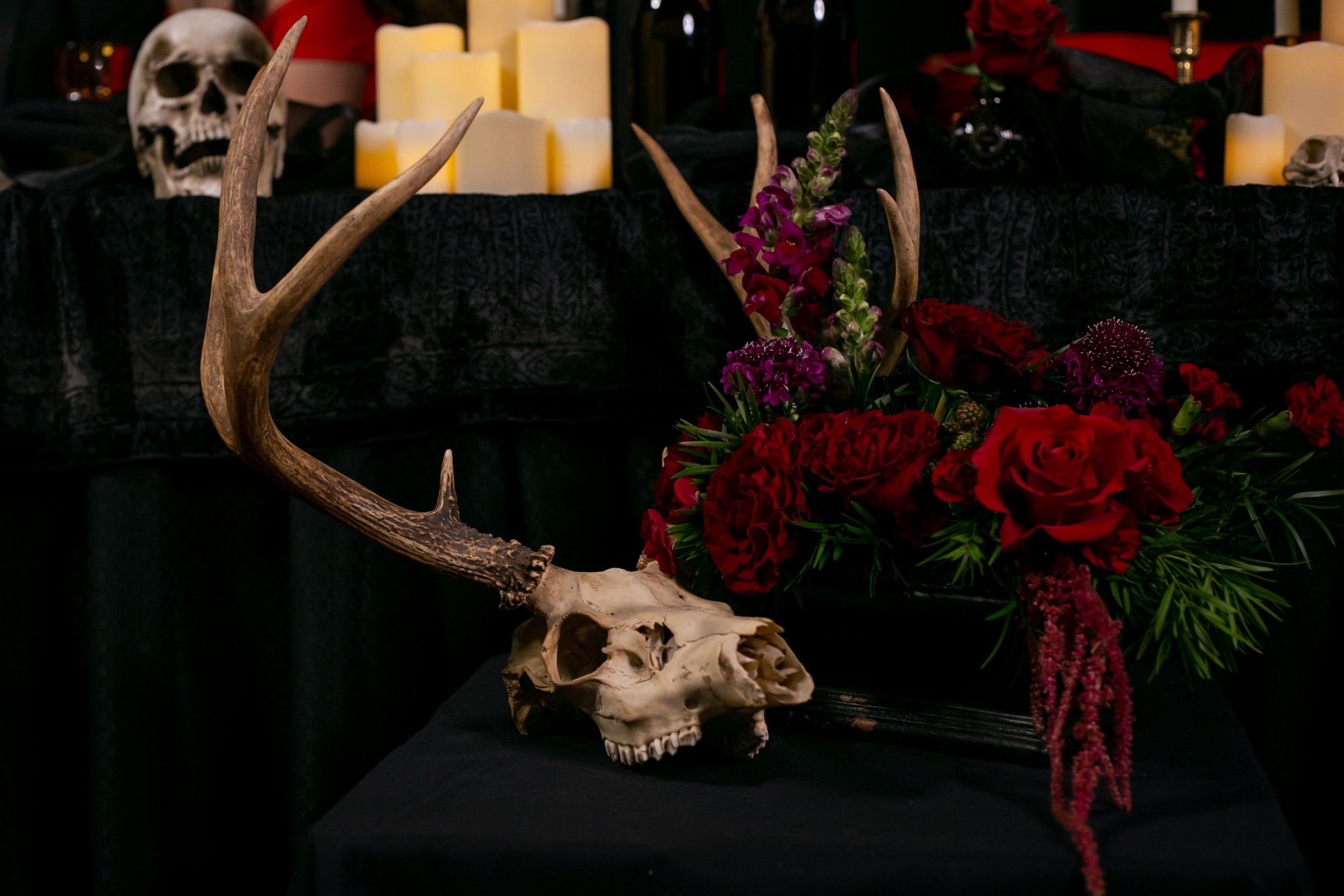 Skull and Vampire inspired wedding decor and photography in Salem Oregon with Hummingbird Flower Studio florals.
