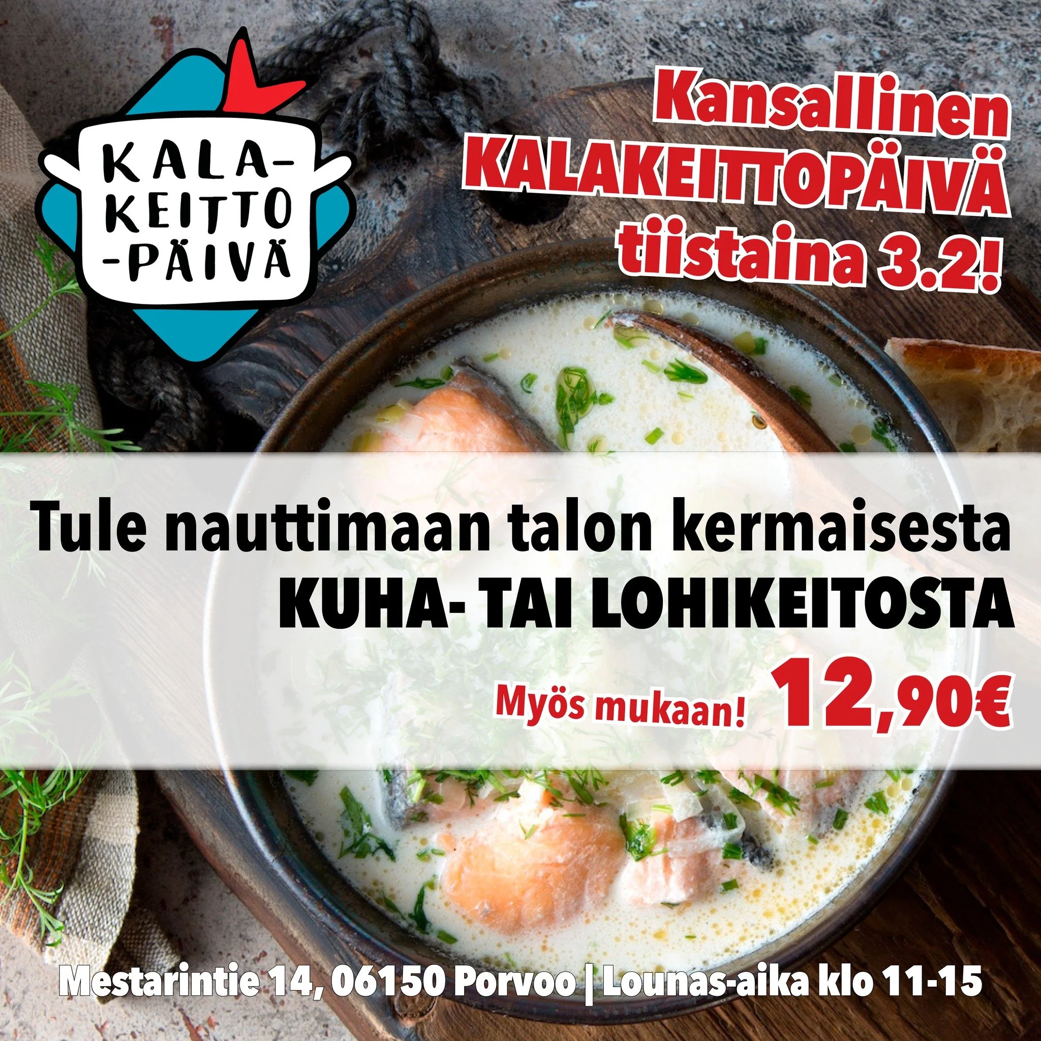 Tiistaina vietet&auml;&auml;n kansallista kalakeittop&auml;iv&auml;&auml;, jo yhdeks&auml;tt&auml; kertaa. P&auml;iv&auml;n kunniaksi sek&auml; kuha- ett&auml; lohikeittoa tarjolla! Kumman valitset? 😋

P&aring; tisdag firar vi nationella fisksoppsda
