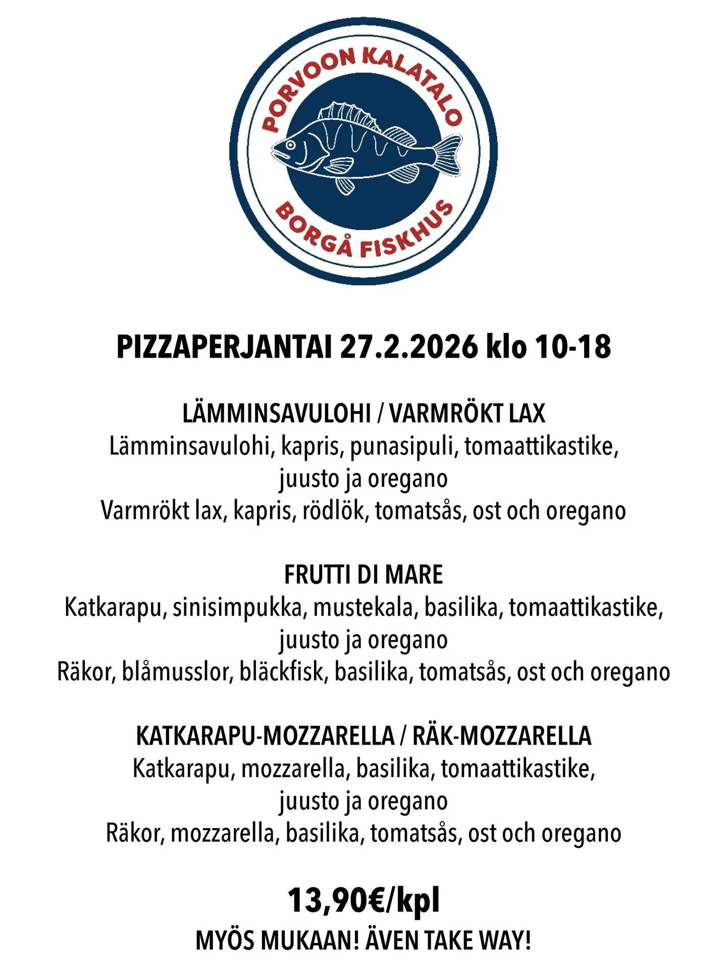 Pizzaperjantai tulee taas!🔥🍕
Tilaa ennakkoon: puh. 010 325 1660
Vi bakar pizza igen p&aring; fredag 😋
Ring och best&auml;ll!
#porvoonkalatalo #borg&aring;fiskhus