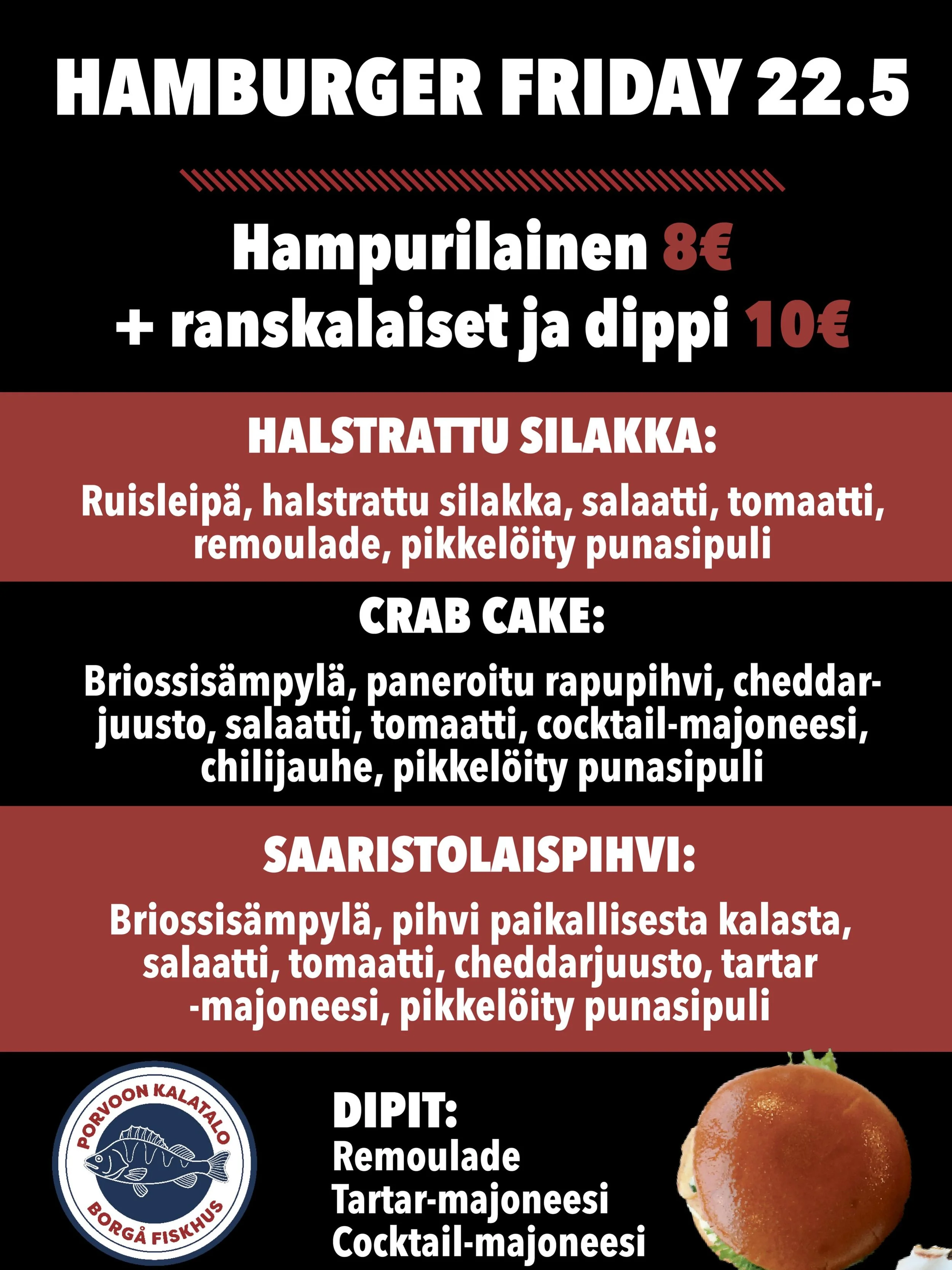 🍔🍟 My&ouml;s mukaan!
Ennakkotilaukset puh. 010 325 1660
Huom. Ei saaristolaisp&ouml;yt&auml;&auml; perjantaina. 

🍔🍟 &Auml;ven take-away!
F&ouml;rhandsbest&auml;llningar tel. 010 325 1660
Obs! Ingen sk&auml;rg&aring;rdsbuff&eacute; denna fredag.
