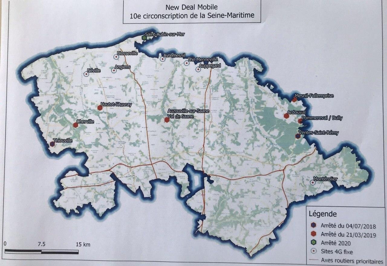 La carte du New Deal Mobile de la 10e circonscription de Seine-Maritime au premier trimestre 2020.
