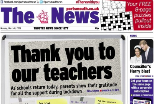 (Hold the Front Page) UK: Portsmouth News says 'thank you' to teachers as schools return