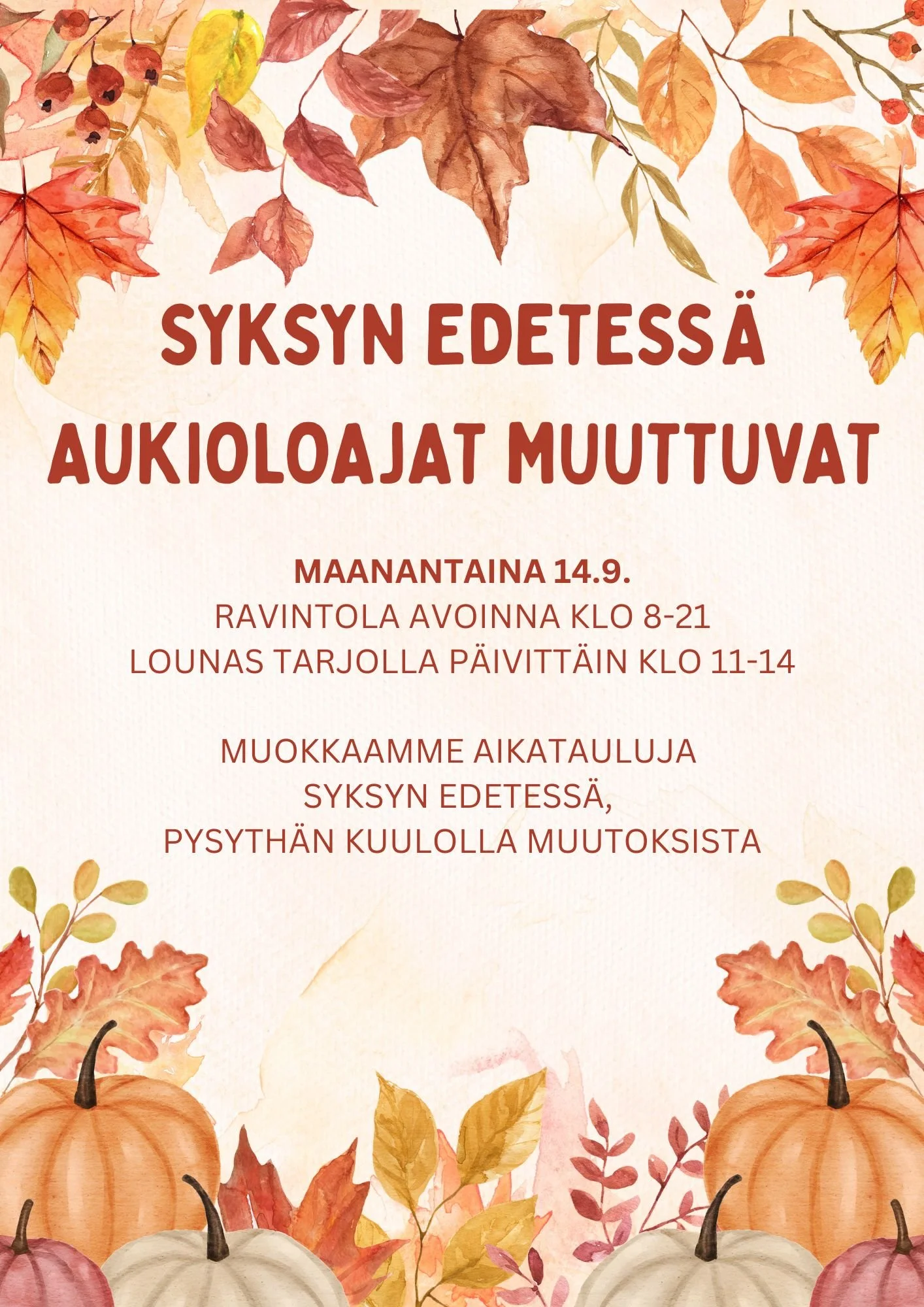 SYKSY SAAPUU JA TALIN KARTANON AUKIOLOAJAT MUUTTUVAT