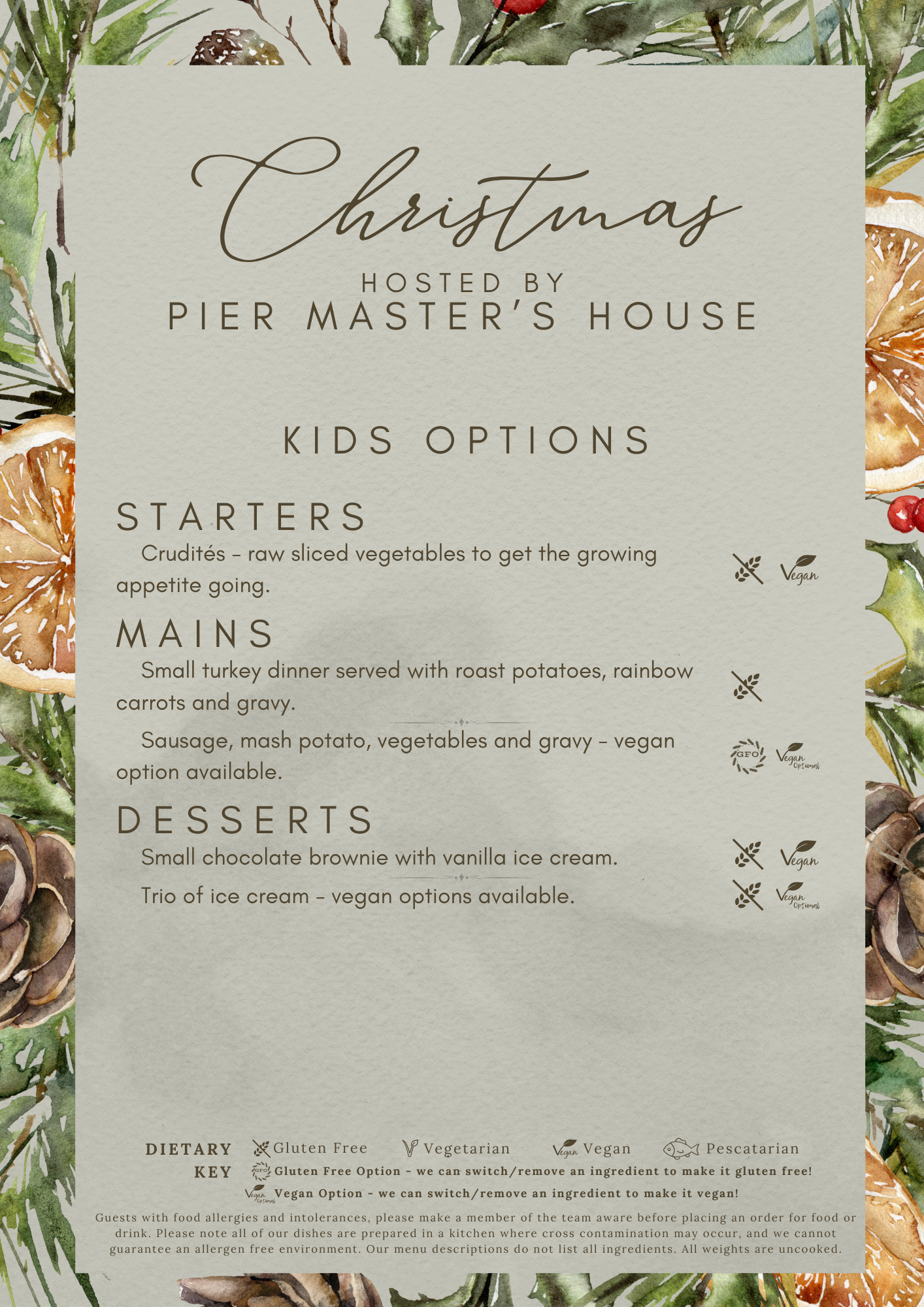Holiday-themed Christmas menu with watercolor illustrations of pinecones, holly berries, and pine branches. The menu is hosted by Pier Master's House and features kids options, starters, mains, and desserts, with vegan and gluten-free icons.