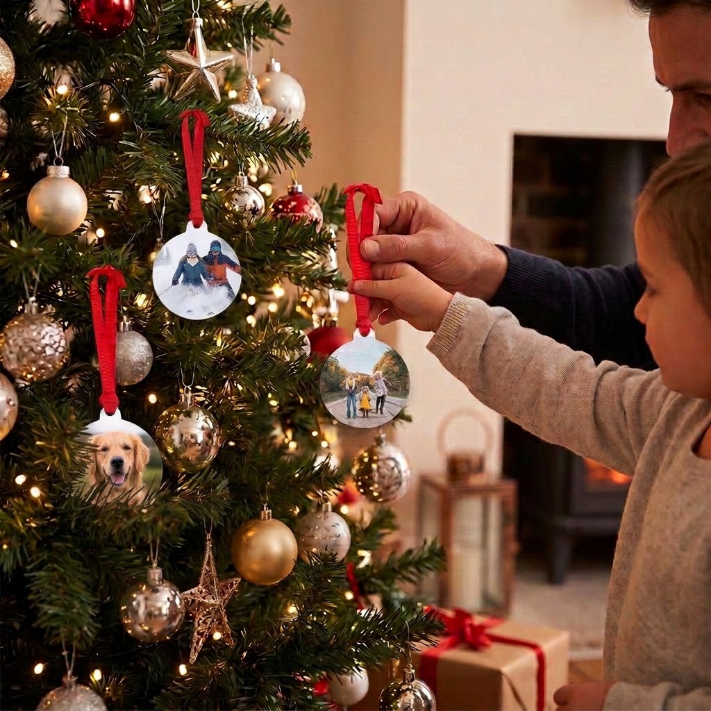 A circular, round wood photo ornament of a happy family with two adults and a child, all laughing and sitting close together, attached with a red ribbon. 