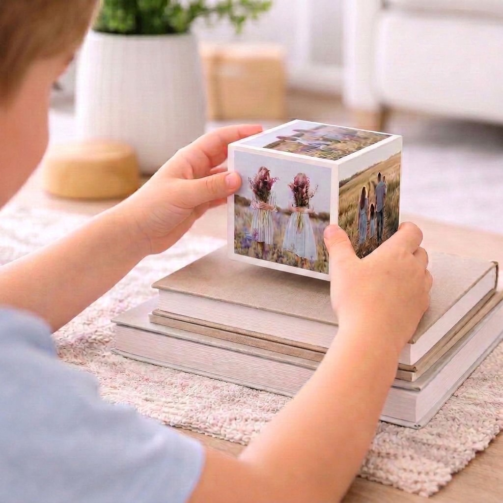 A white photo cube with three sides featuring printed photos of children and adults enjoying various outdoor activities.
