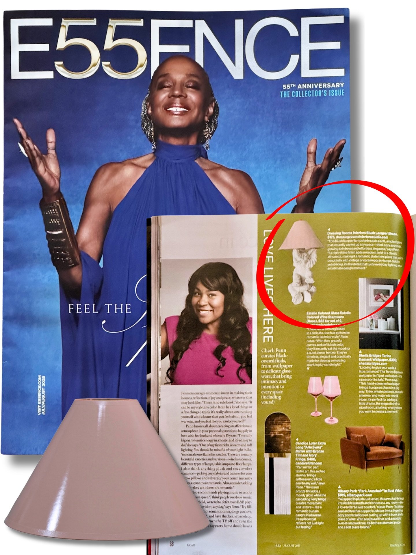 ✨ Full circle. Years ago, my home was featured in the pages of Essence Magazine&mdash;a surreal and humbling moment. Today, one of my very own lacquered lamp shades is featured in their 55th Anniversary Collector&rsquo;s Issue. Thank you @dominiquebf