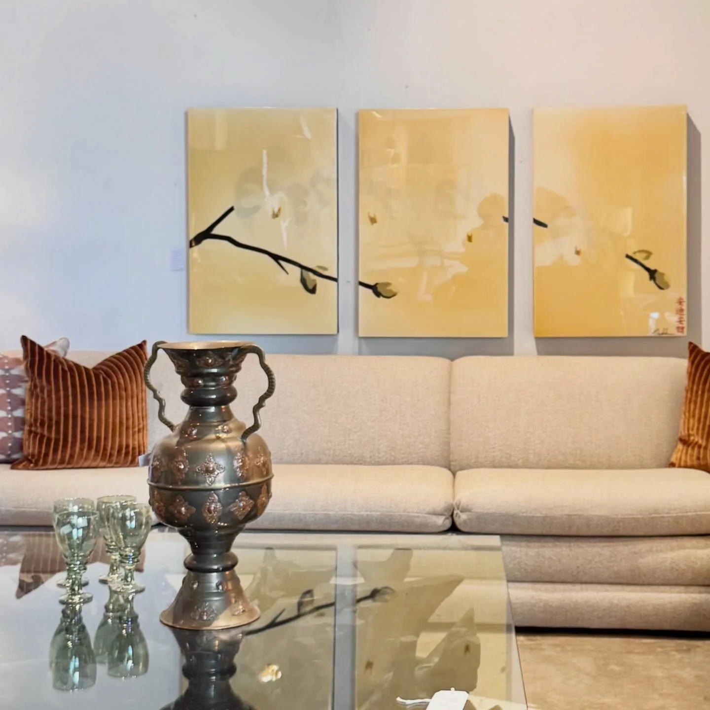 Here&rsquo;s the final version with the addition, clean and ready to post:

⸻

We follow stories. We collect meaning.

This vignette at Slate Interiors stopped me in my tracks&mdash;our Lacquered Orchid Triptych holding space so effortlessly.

Soft, 