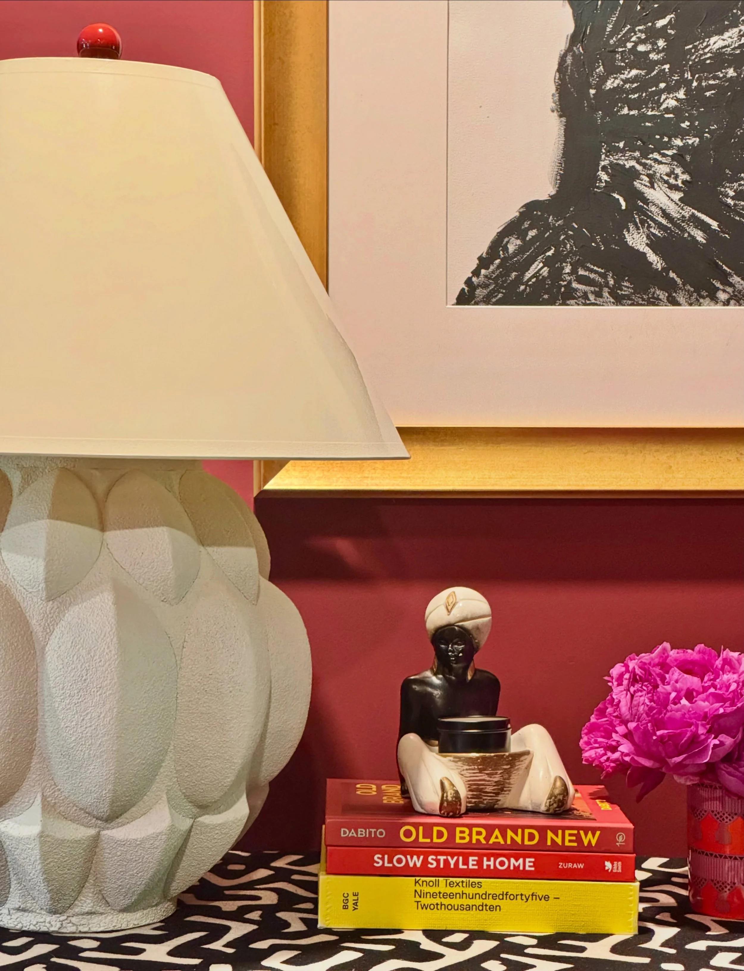 Moody burgundy walls.
Bold black-and-white pattern.
A creamy lacquered shade to soften the edges.

A little drama. A lot of soul.

Maison Blanc available now &mdash; link in bio #DRISShadeShop