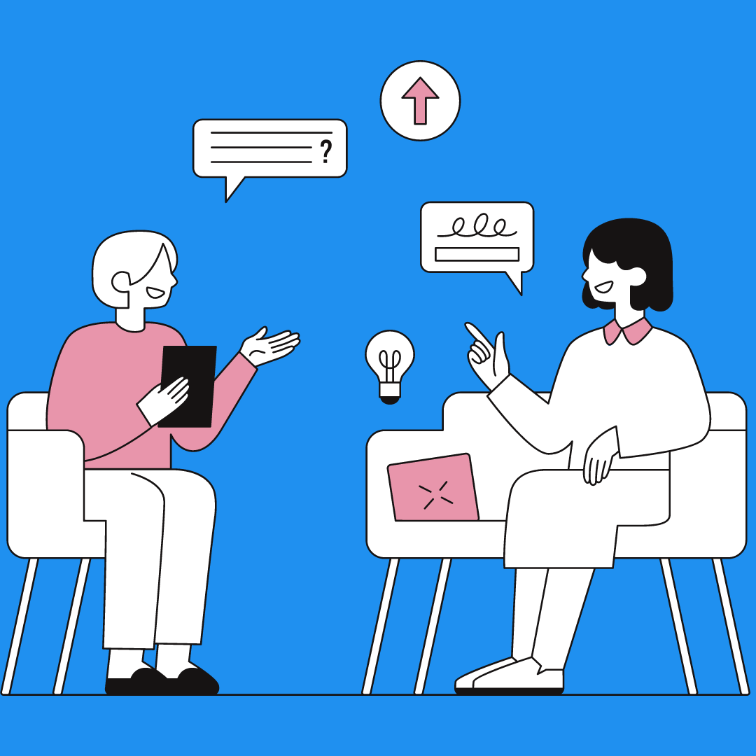 Illustration of two women sitting and talking while using laptops, with speech bubbles, a lightbulb, and an upward arrow above them on a blue background.