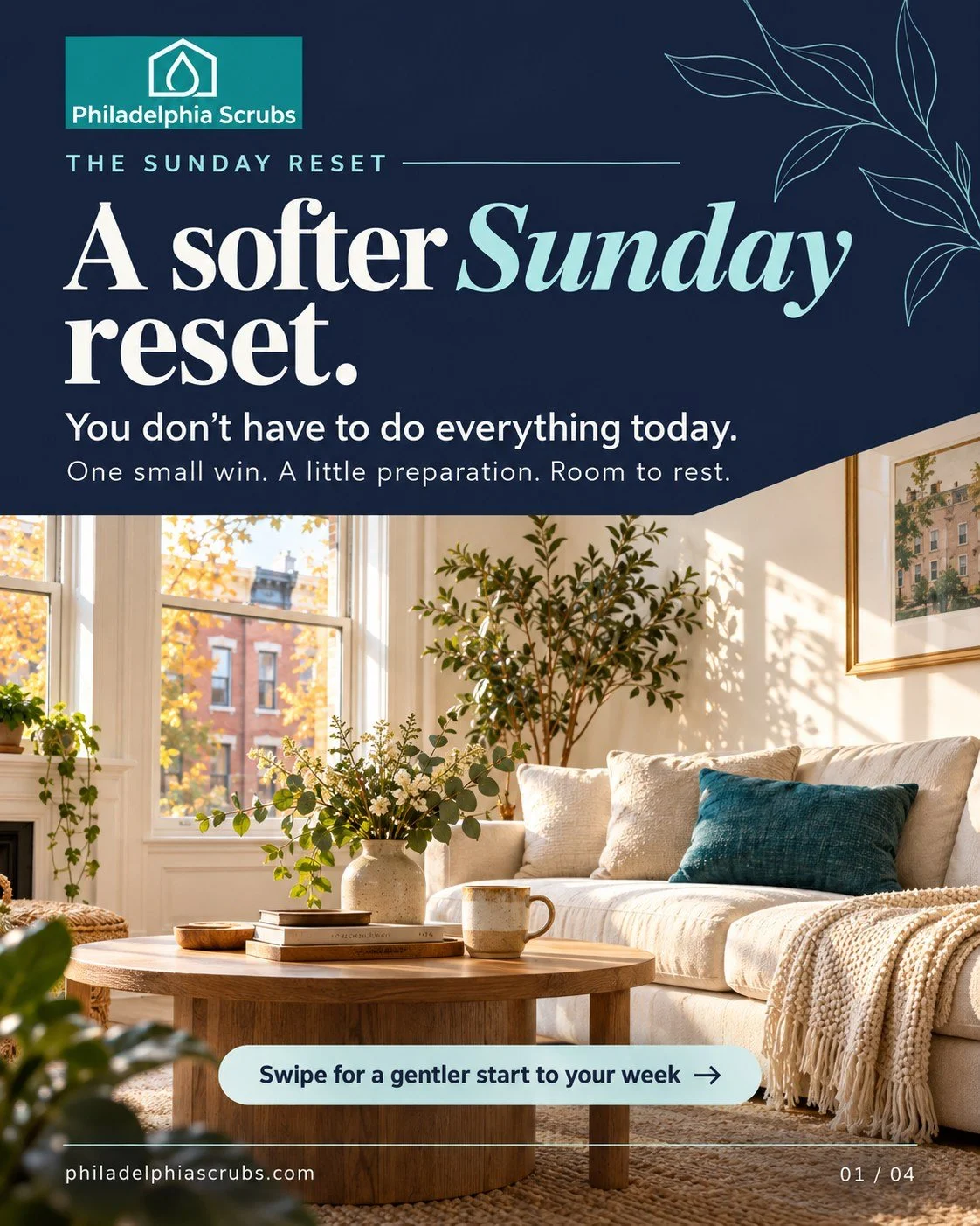 Sunday doesn't have to become a full-house cleaning marathon. 🌿

Pick one small win, get tomorrow's essentials ready, and leave time to rest. For the cleaning that keeps coming back, ask Philadelphia Scrubs about recurring service.

What's your one 