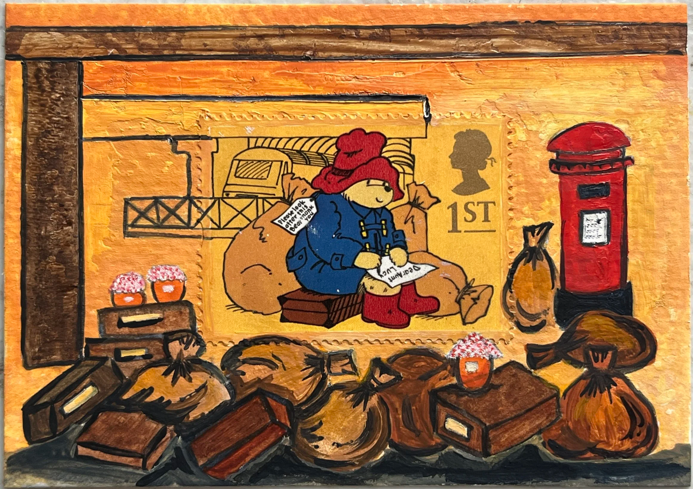 Paddington Bear Postage Stamp made into Art using watercolour and oil paint to create a detailed background  stamp issued 01-02-1994