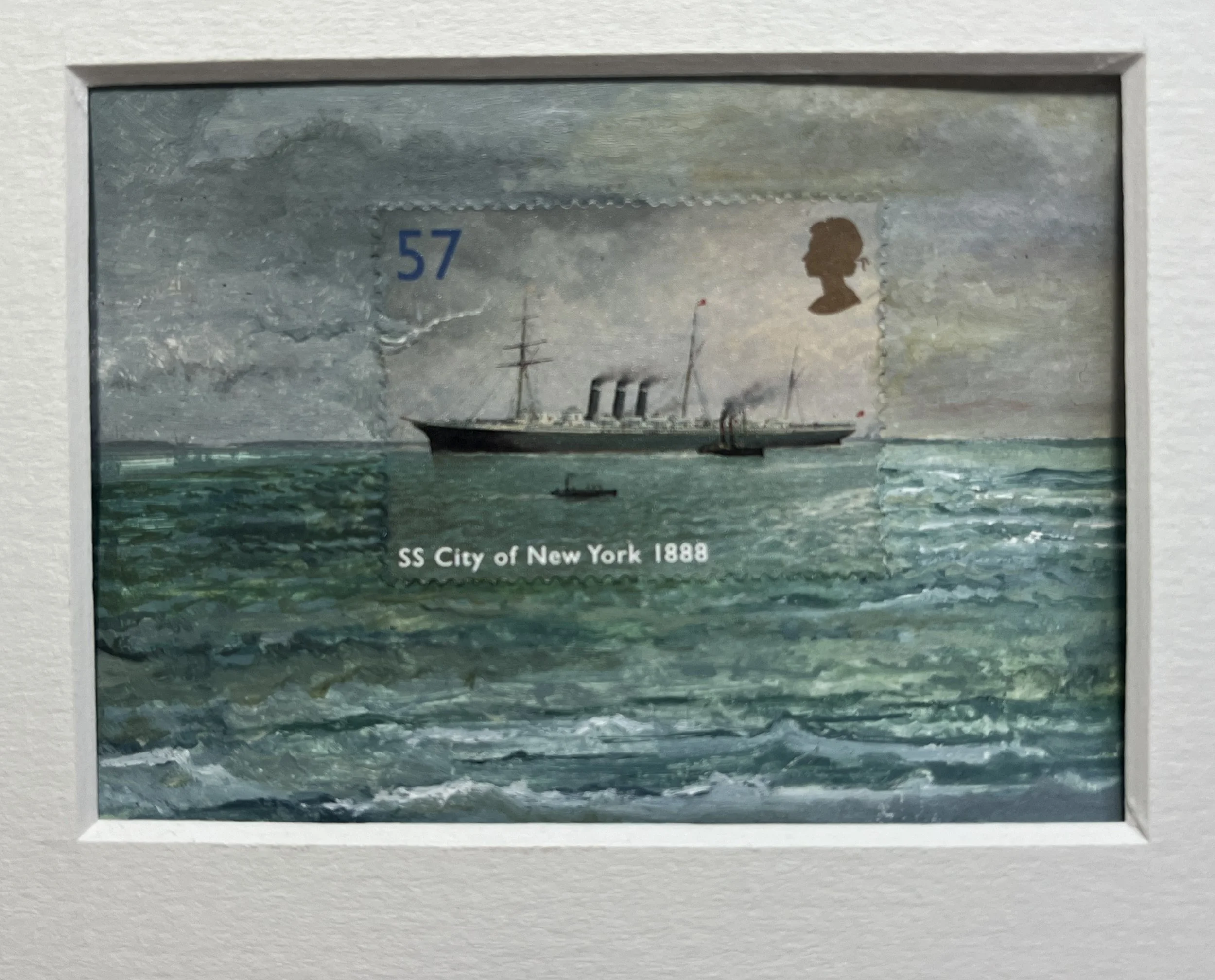 A small nautical painting with a postage stamp art the center - SS City of New York GB postage stamp shown as artwork mounted in an off white mount mat