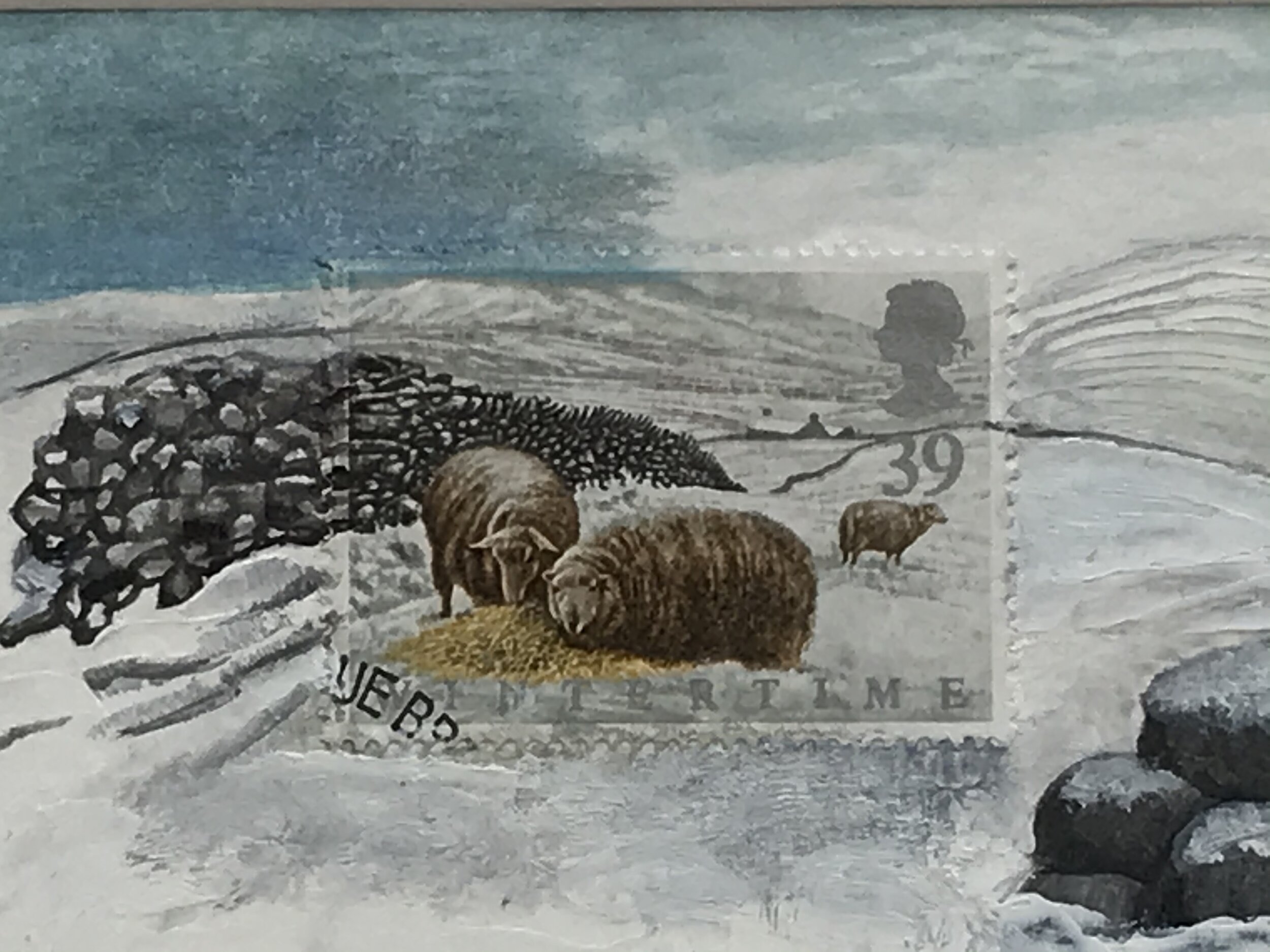 Welsh Sheep Postage Stamp Art A cold, wintery scene of Welsh Sheep eating hay in the shelter of a cobble stone wall, painted around a real stamp using watercolours and oil paint.