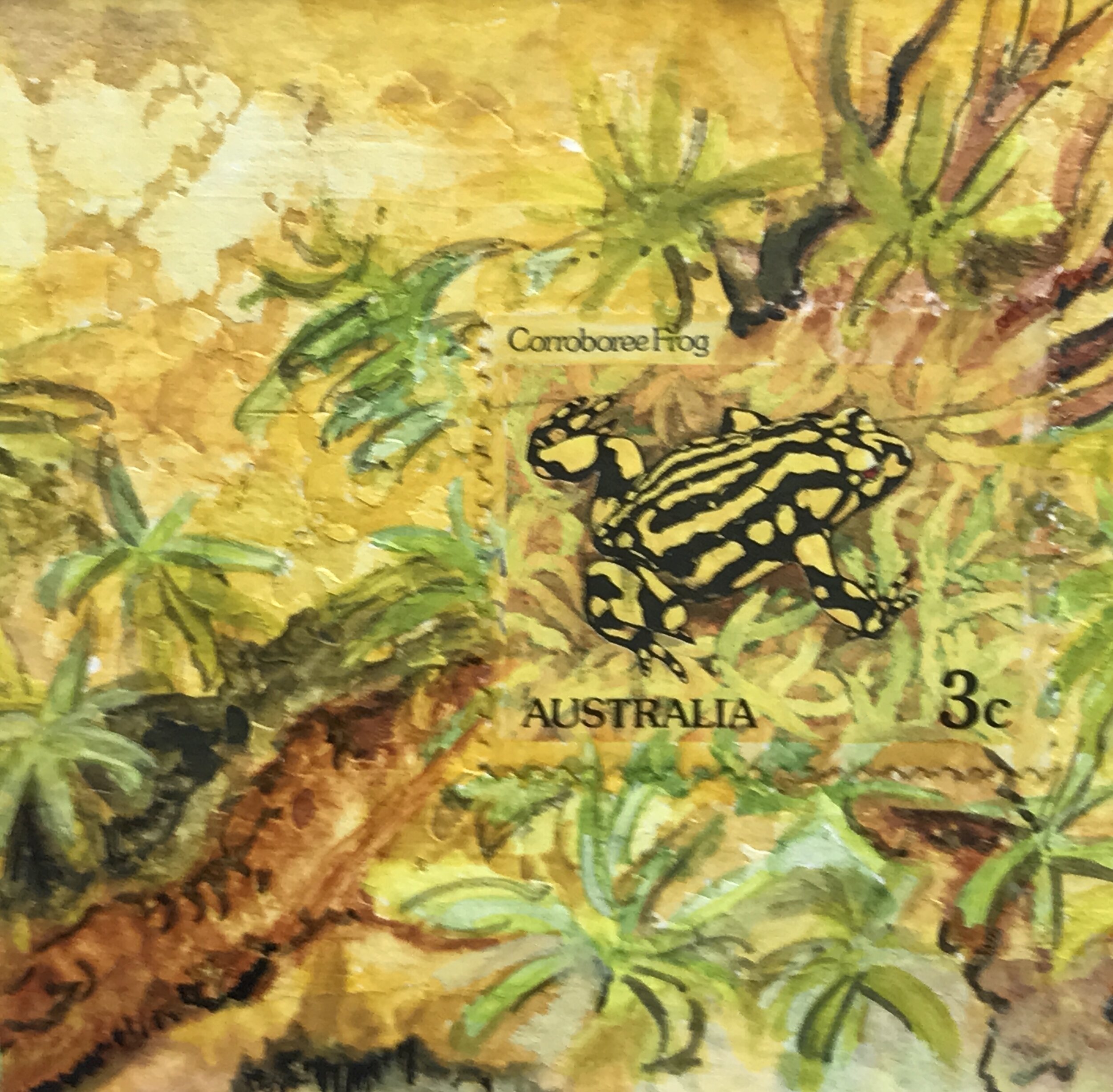original artwork, painted around an Australian 3c stamp featuring a yellow and black Coroboree Frog